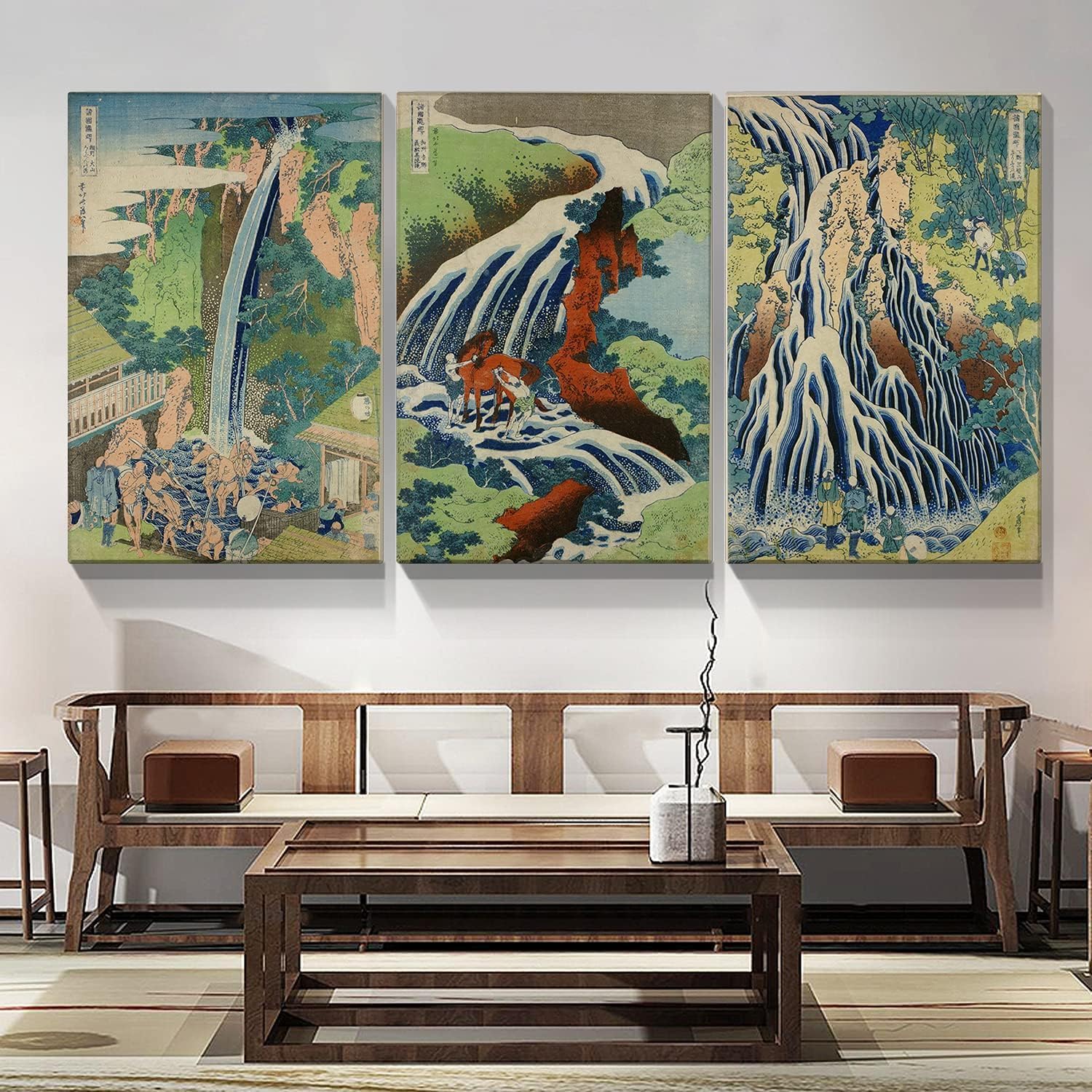 Dimpoli Lienzo de pintura japonesa para decoración de pared, 3 piezas, 24 x 36 pulgadas, Katsushika Hokusai, paisaje, montañas, figuras, cascadas,