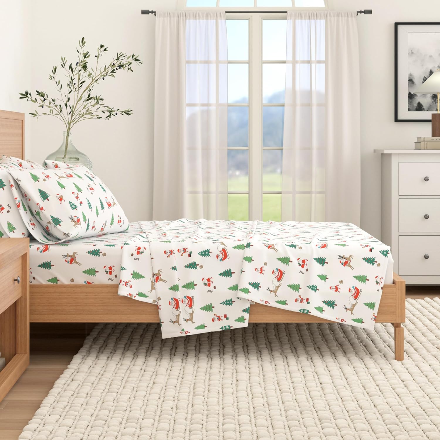 Great Bay Home Juego de sábanas de Navidad de franela de algodón turco 100 %, para niños, bajera con gran caída lateral, suaves, cama cálida,