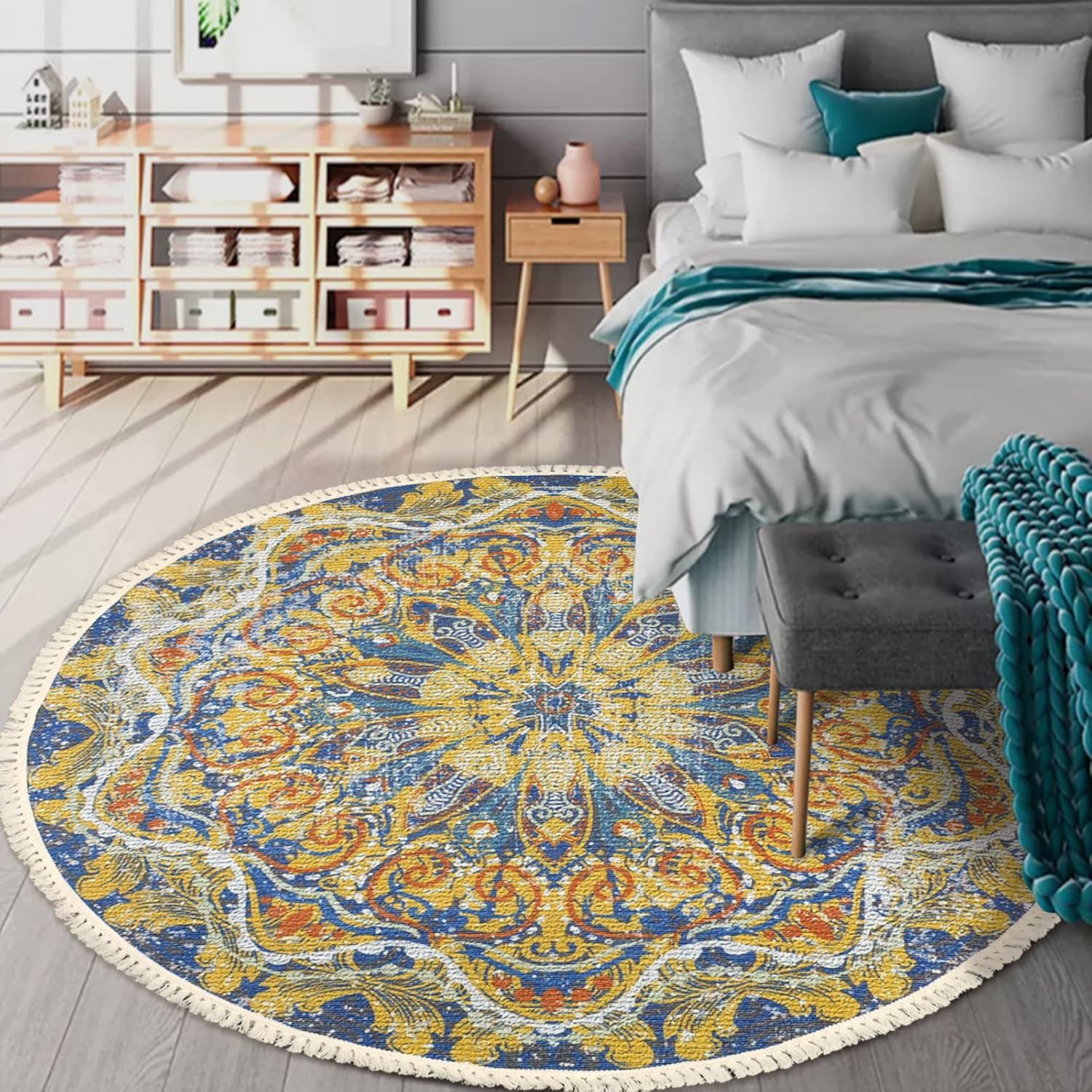 Lacomfy Alfombra bohemia redonda de 5 pies antideslizante para dormitorio, alfombra de casa de campo, con mandala, para sala de estar, vestuario,