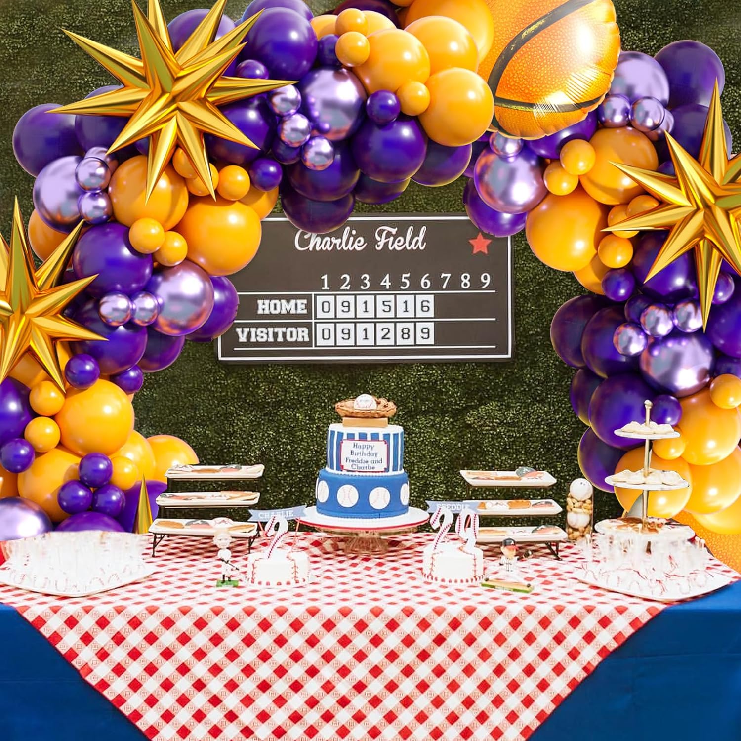 Kit de arco de globos de baloncesto, 101 globos amarillos y morados 4D Starburst, globos de papel de aluminio de baloncesto metálicos de látex,