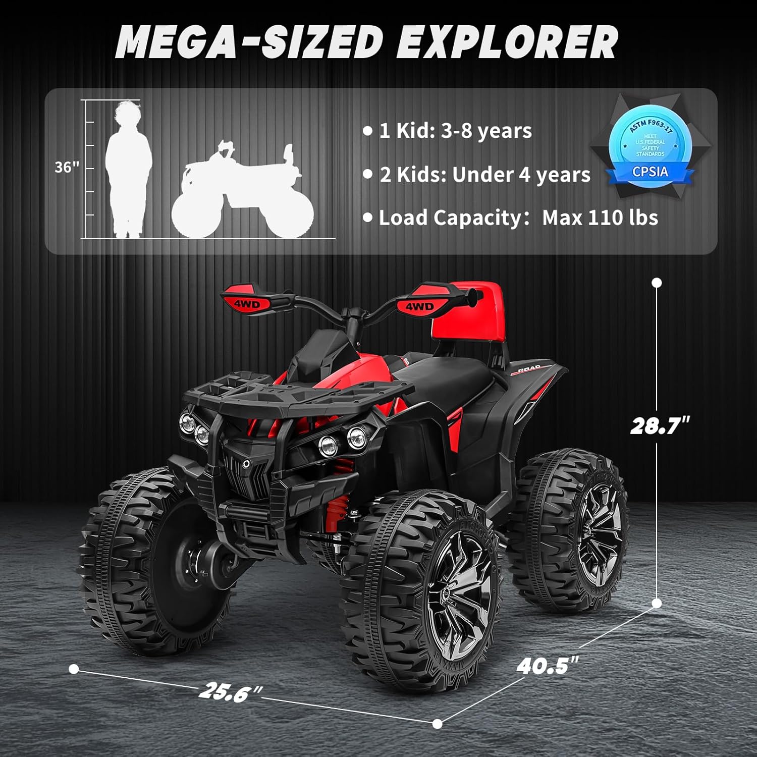 ATV 4 ruedas para niños, juguetes de paseo de 24 V 4WD con 2 plazas, motor potente de 4 x 200 W, funciona con batería de 9 AH, música Bluetooth,