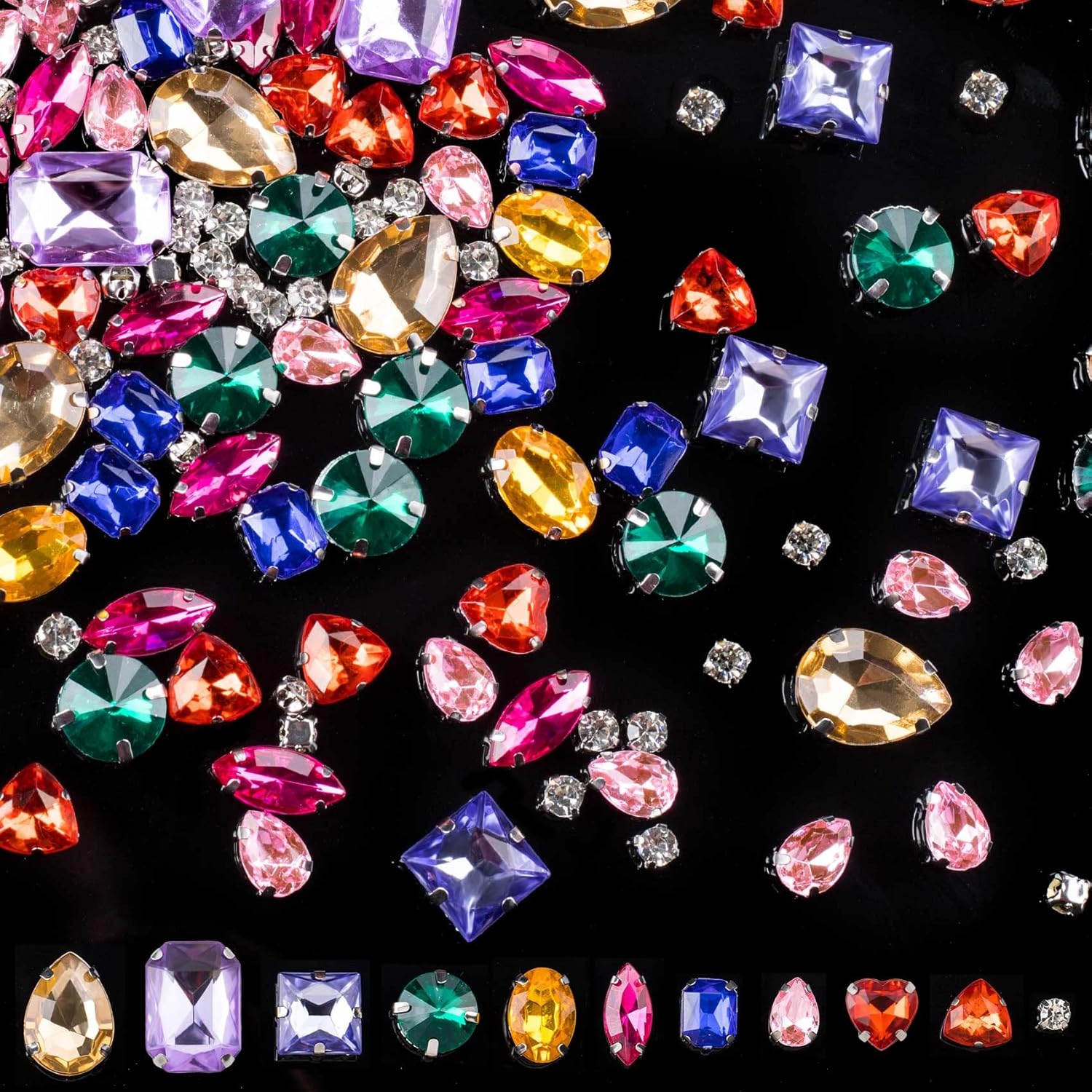 PAGOW 440 piezas de diamantes de imitación para coser, 11 formas mixtas de diamantes de imitación de cristal con parte trasera plana para coser con