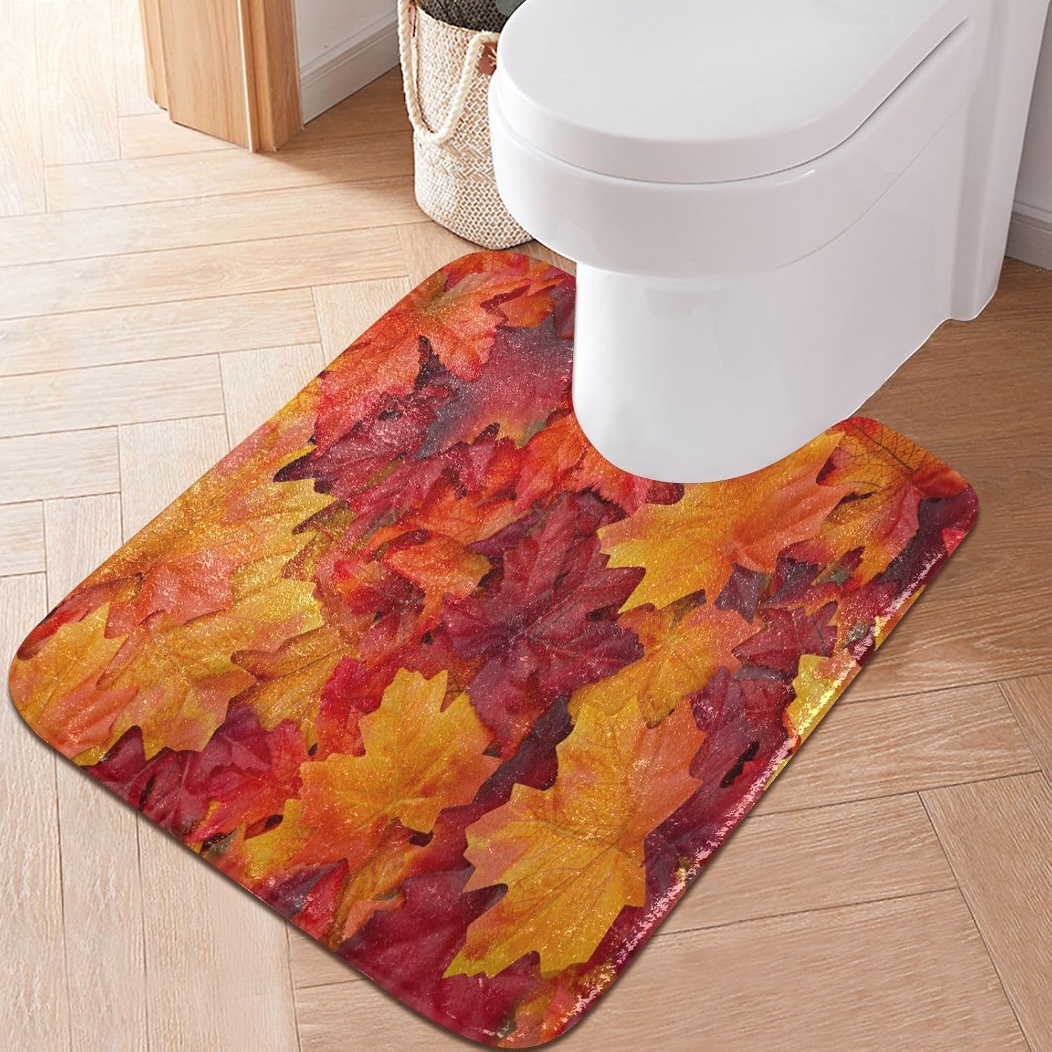 Bathroom Rugs Sets 2 Piece 24×16+24×20 Inch,Soft U-Shaped Contour Toilet Rug Red Maple Leaf Non-Slip Absorbent Bath Floor Mat Carpet Set Water