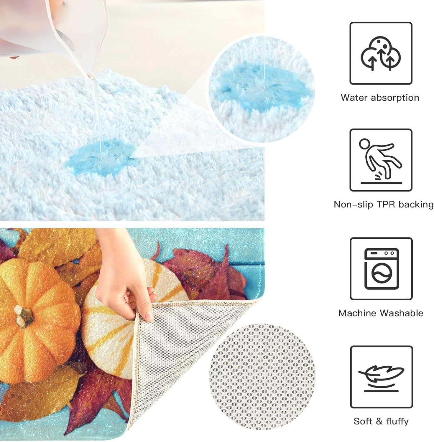 Bathroom Rugs Sets 2 Piece 24×16+24×20 Inch,Soft U-Shaped Contour Toilet Rug Pumpkin Maple Leaf Non-Slip Absorbent Bath Floor Mat Carpet Set Water