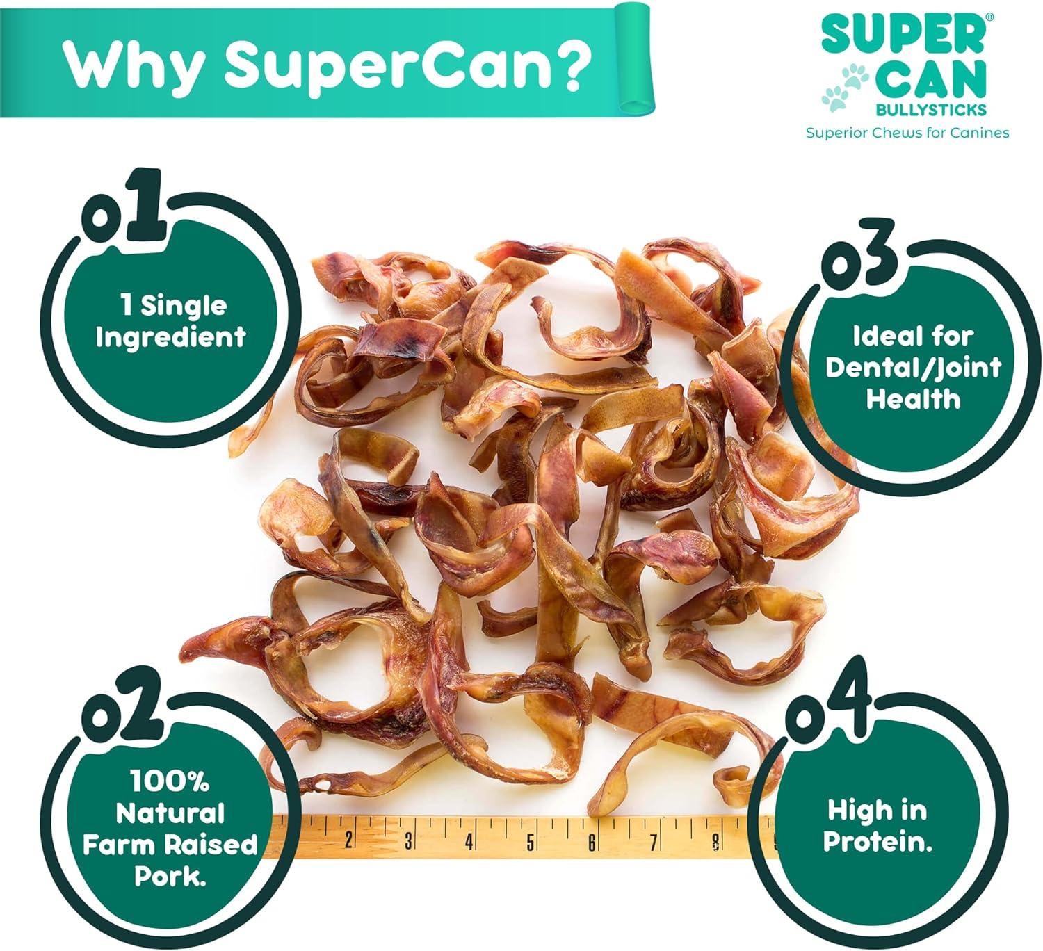 SUPER CAN BULLYSTICKS Supercan – Orejas de cerdo para perros (1 libra), golosinas naturales para perros, golosinas saludables para perros, astillas