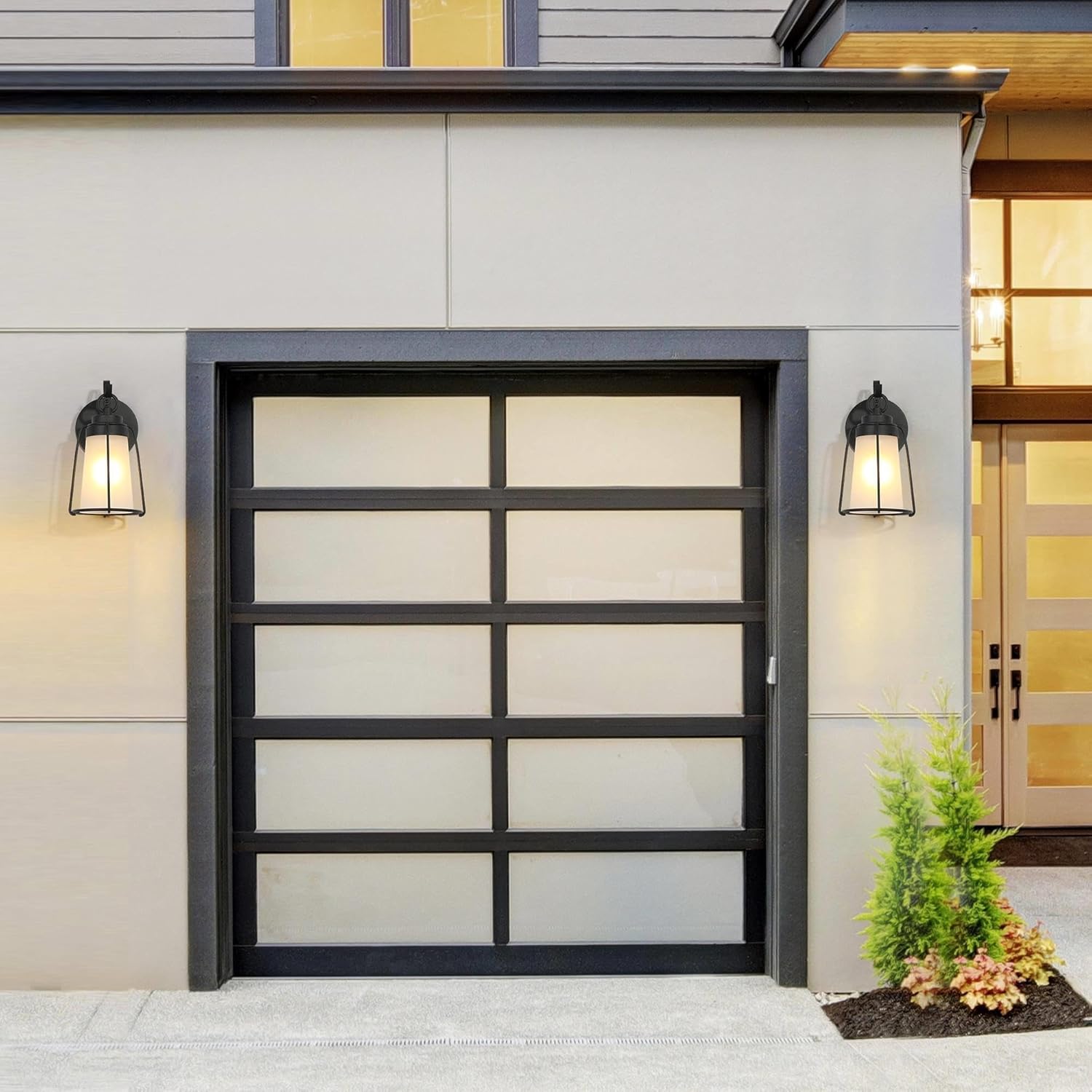 GEPOW Lámpara de pared exterior estilo granja, apliques de pared exterior negra con vidrio esmerilado, luces de porche antioxidantes para puerta