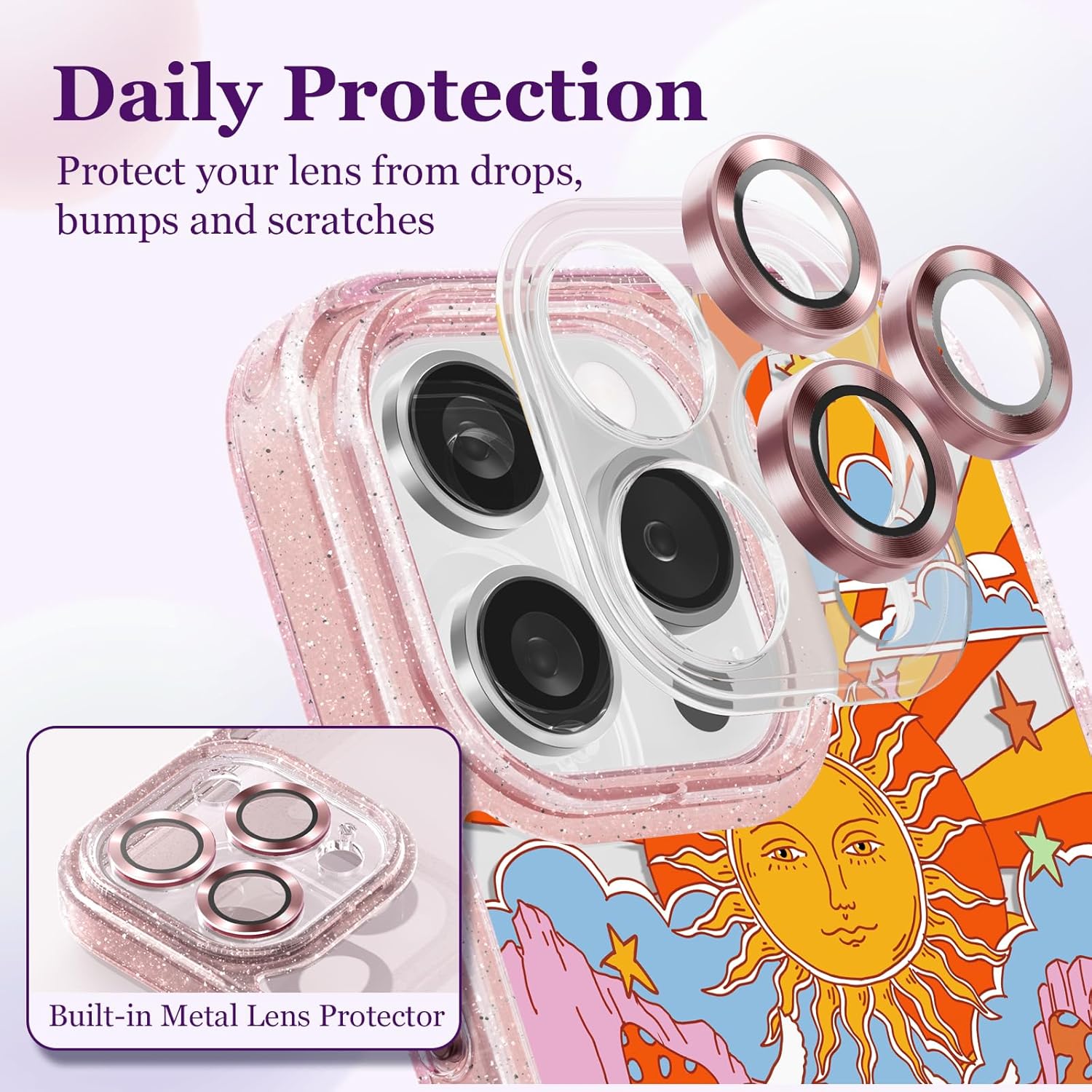 Funda compatible con iPhone 15 Pro Max, bonita estética, funda de teléfono rosa con purpurina y protector de cámara, funda estampada con patrón de
