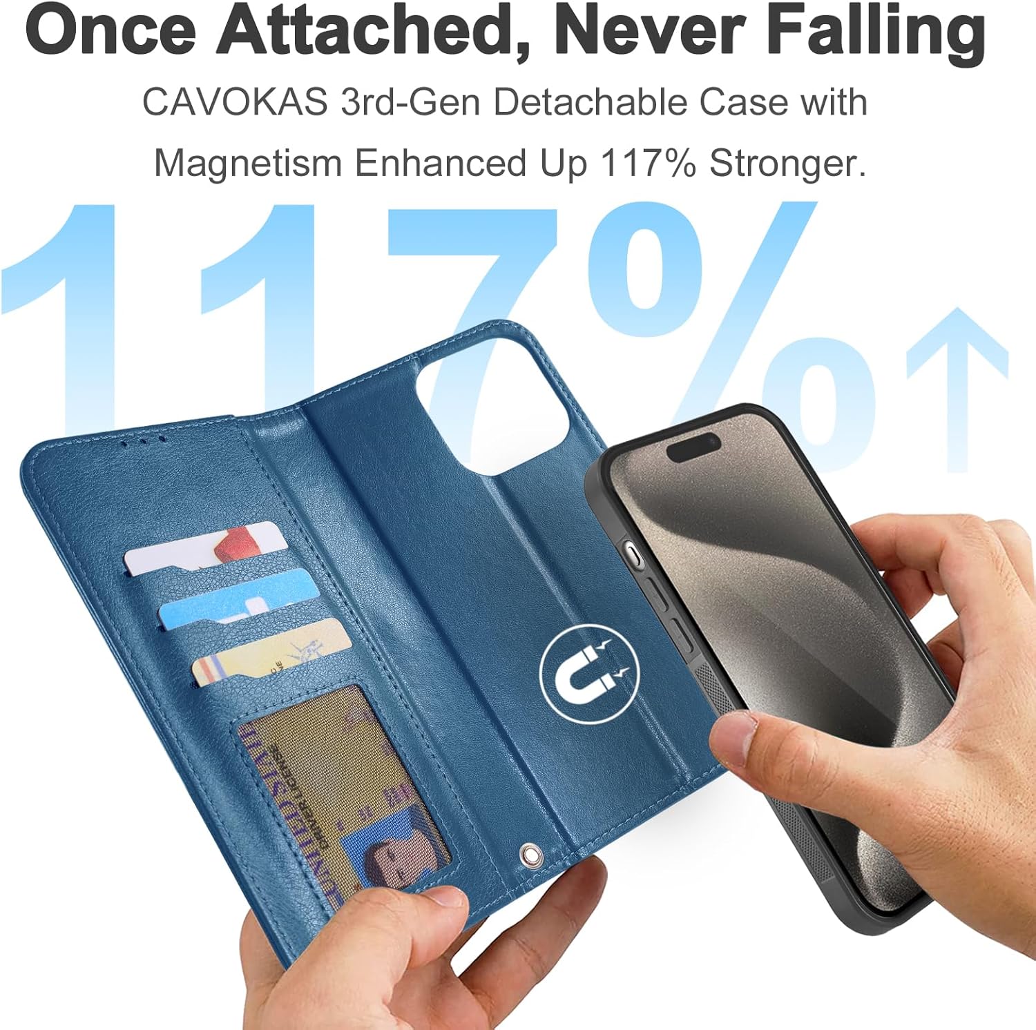 CAVOKAS Funda tipo cartera para iPhone 15 Pro Max con soporte para tarjetas, funda de cuero magnética fuerte desmontable, compatible con carga