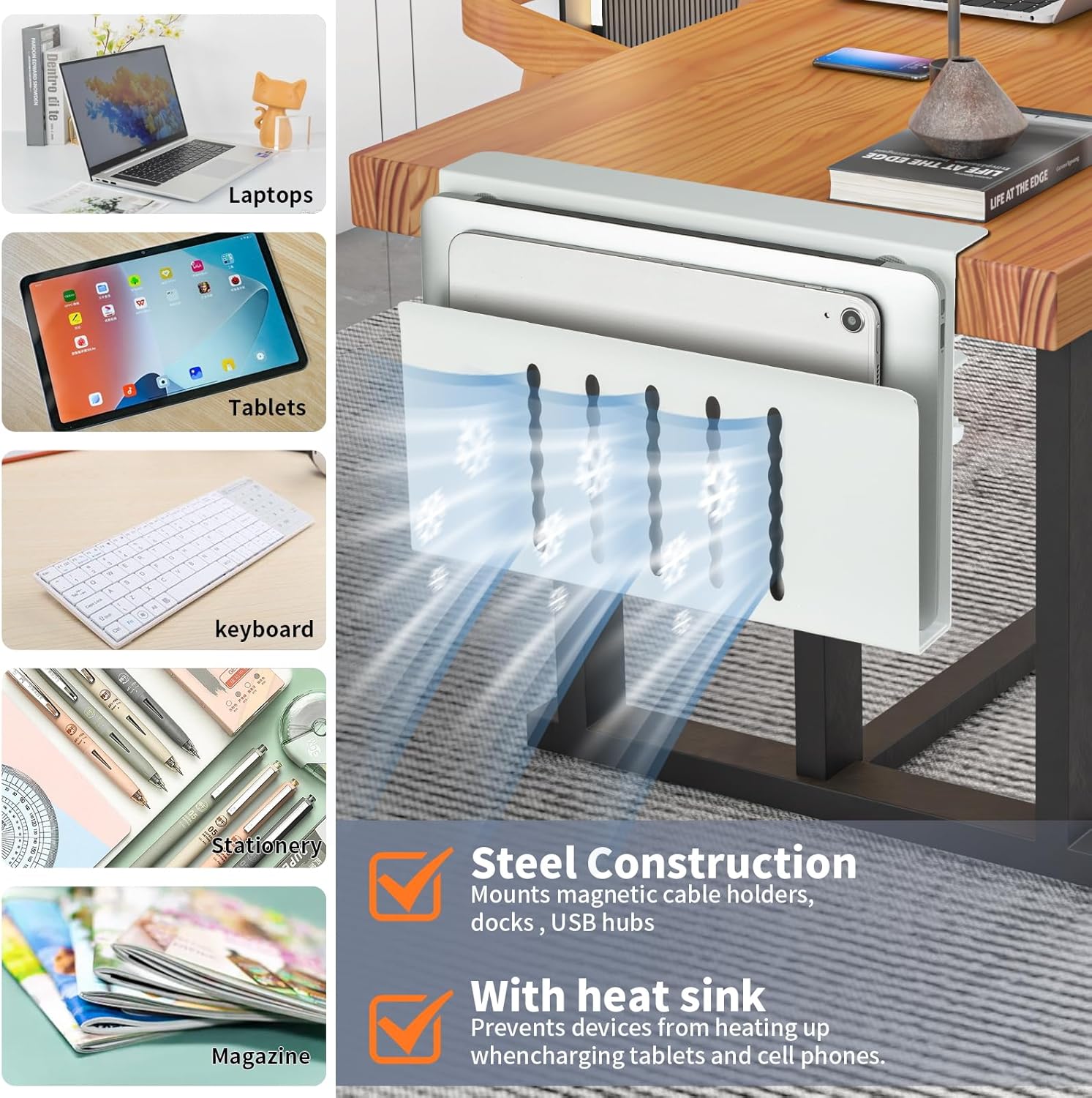Soporte de almacenamiento lateral para escritorio, soporte para laptop con soporte magnético para bolígrafos, bandeja de gestión de cables debajo