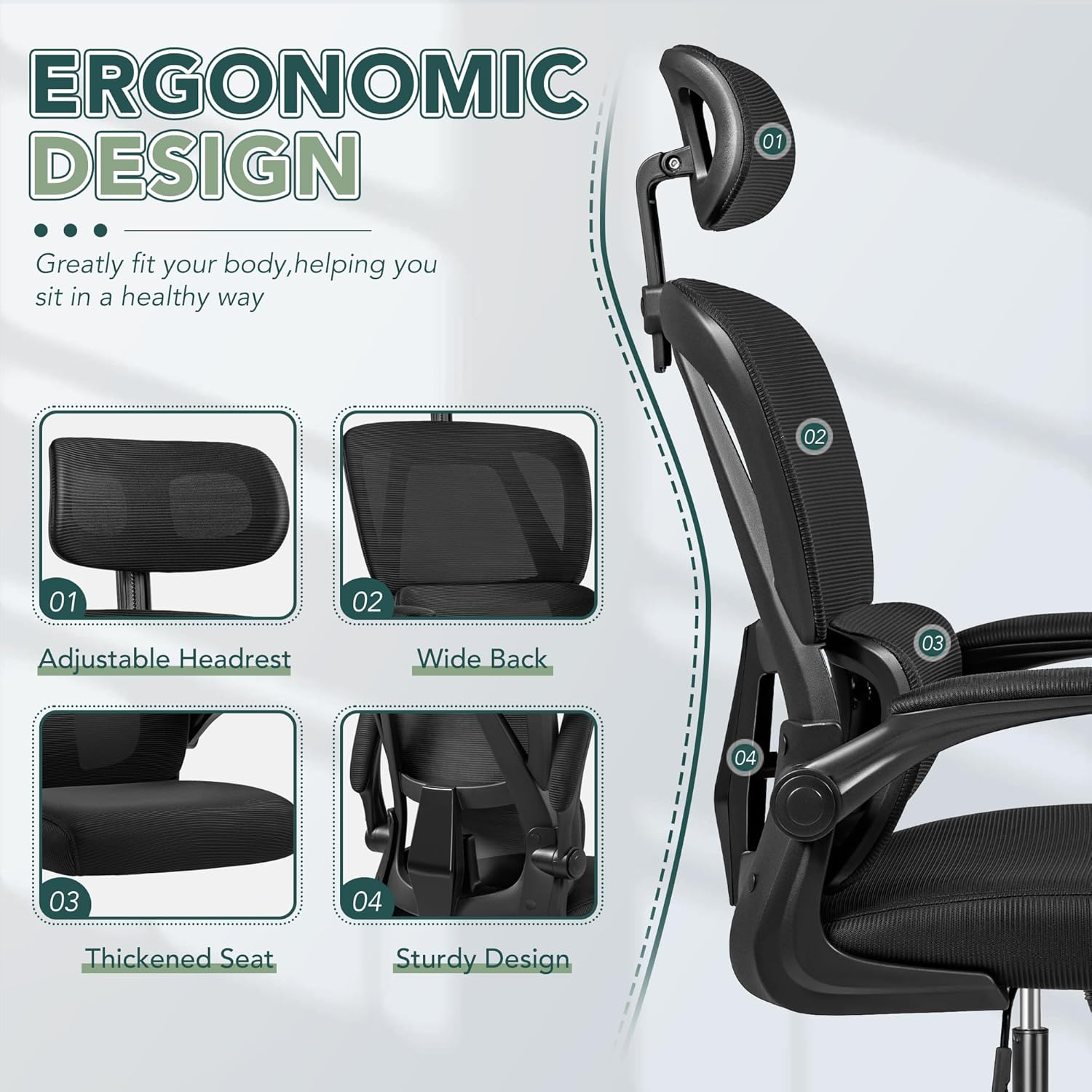 Silla de oficina ergonómica, asiento de malla transpirable, respaldo alto con soporte lumbar ajustable, reposacabezas y brazos abatibles, negro