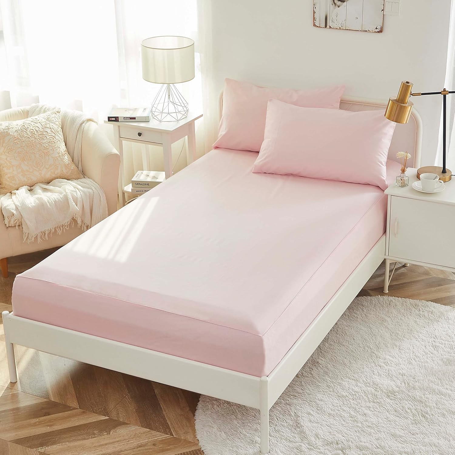Brandream Juego de sábanas para niñas, tamaño individual, ropa de cama para niños, color rosa, 100% algodón orgánico, 3 piezas, color liso, suave y