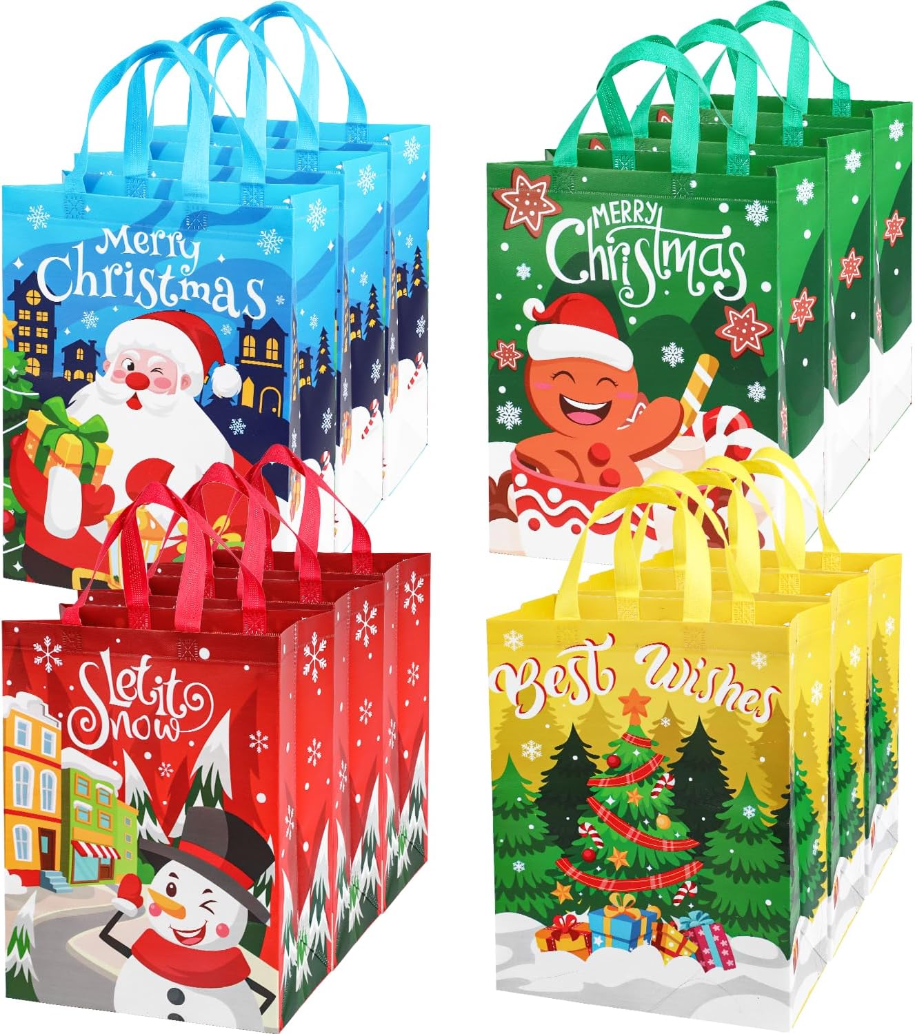 Paquete de 12 bolsas grandes de Navidad con asas, bolsa de regalo reutilizable, no tejida, bolsas de compras para suministros de fiesta de Navidad