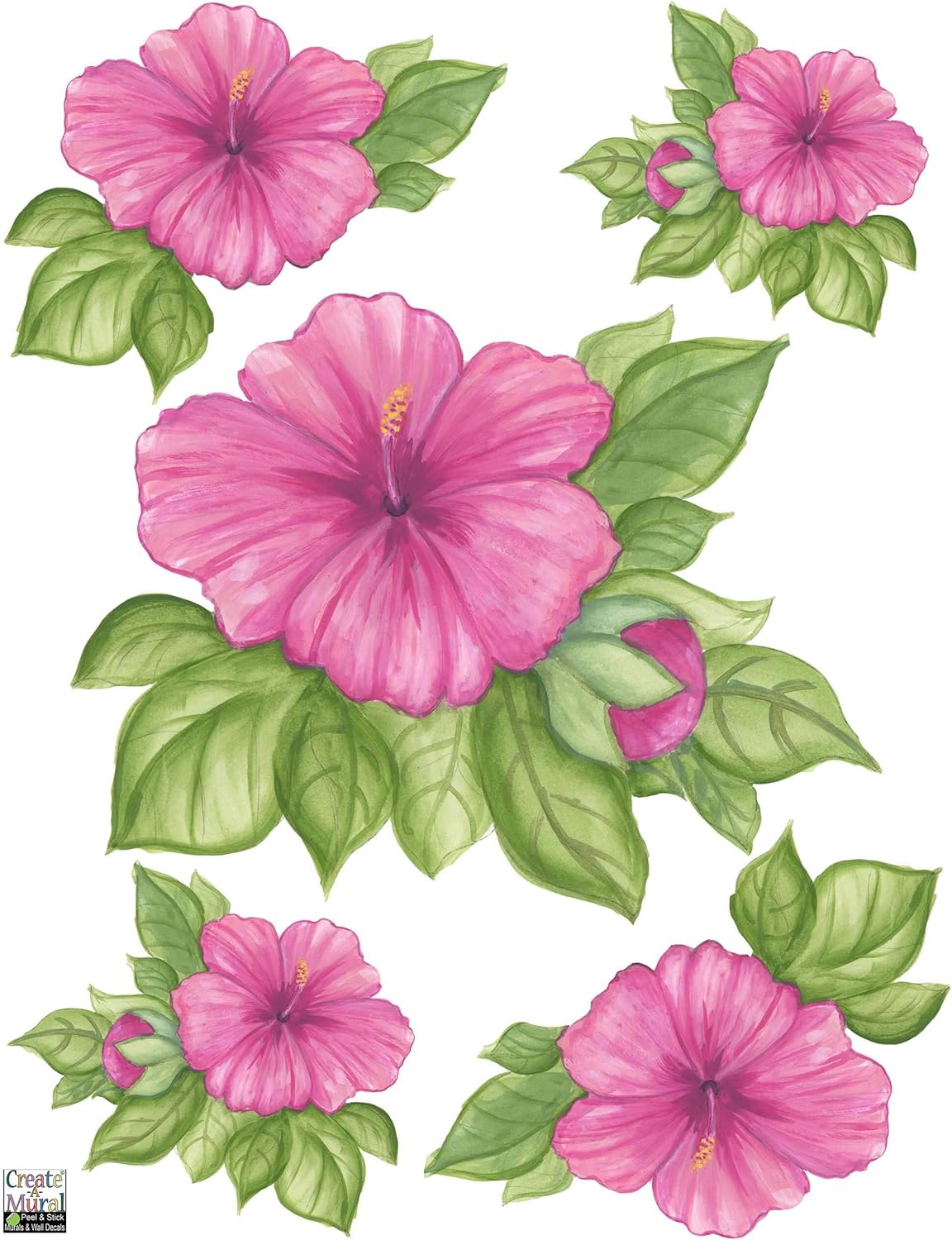 Create-A-Mural Calcomanías de pared de acuarela de flores de hibisco, hermoso acento de pared para decoración de habitación, decoración de