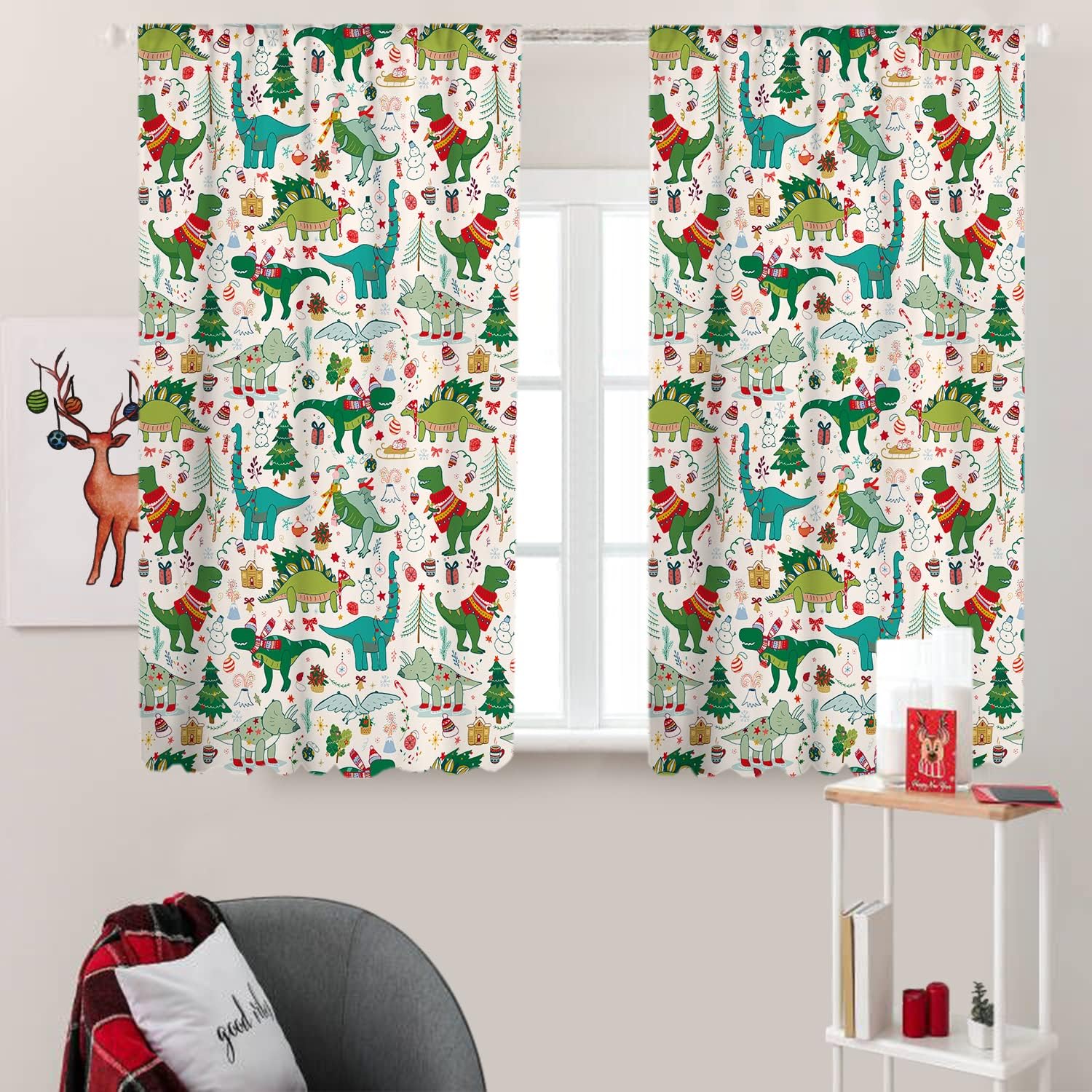 Sevendec Cortinas de dinosaurio de Navidad de dibujos animados para habitación de niños, bonito patrón de Navidad, paneles de cortina para ventana,