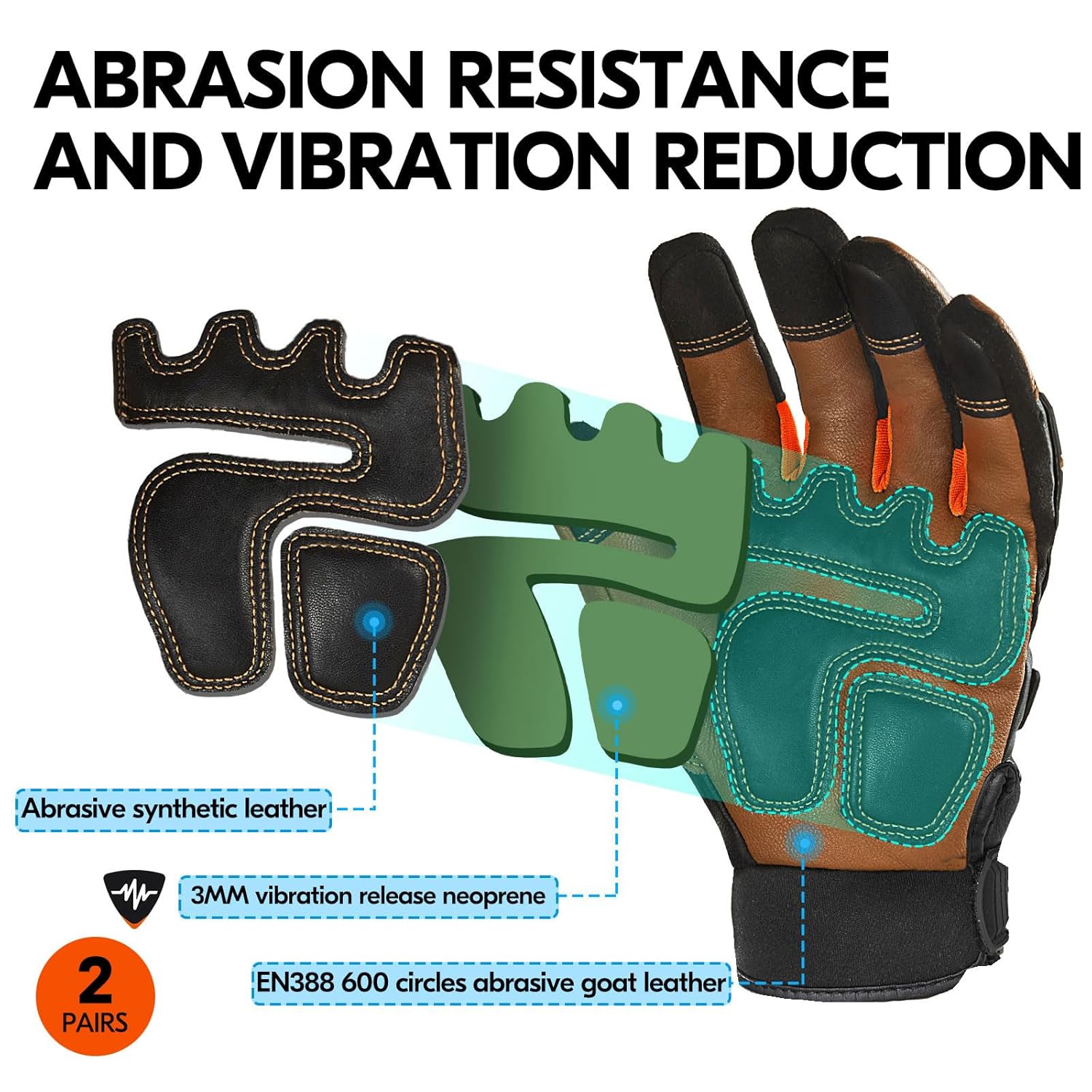 Vgo… Guantes de trabajo resistentes para hombre, piel de cabra, repelente al agua, guantes de rigger, antivibración, pantalla táctil (2 pares, M,