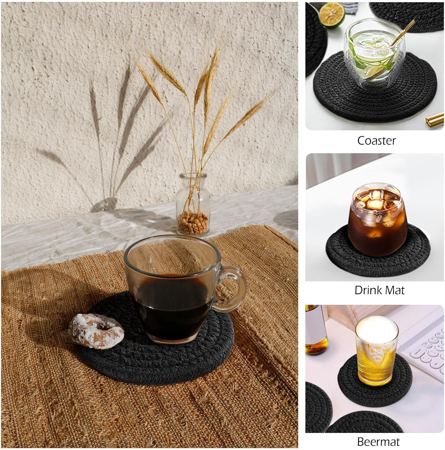 GeeRic Juego de 6 posavasos de bar para bebidas, hecho a mano, trenzados, tejidos, para bebidas, posavasos antideslizantes de 4.3 pulgadas, color