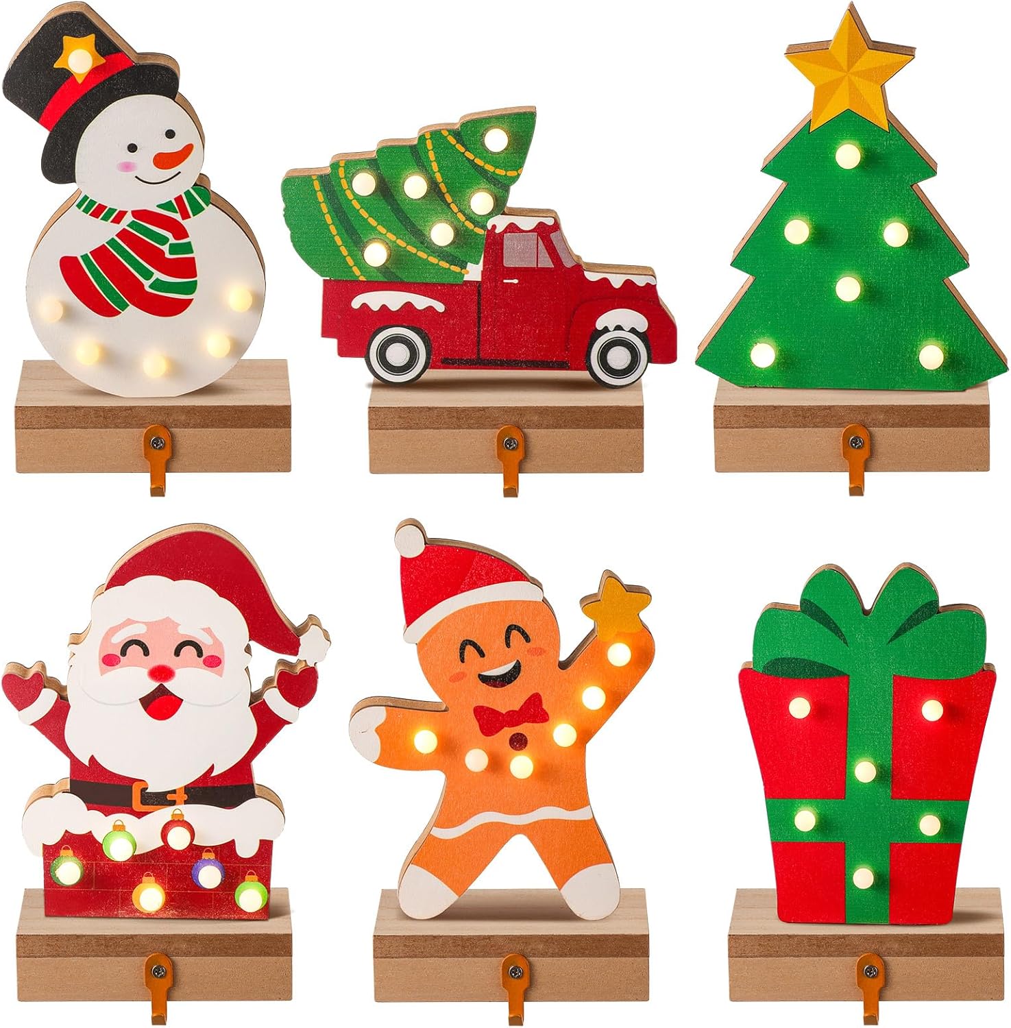6 soportes para calcetines de Navidad con luz LED, árbol de Navidad, muñeco de nieve, Papá Noel, copos de nieve, ganchos para calcetines de Navidad,