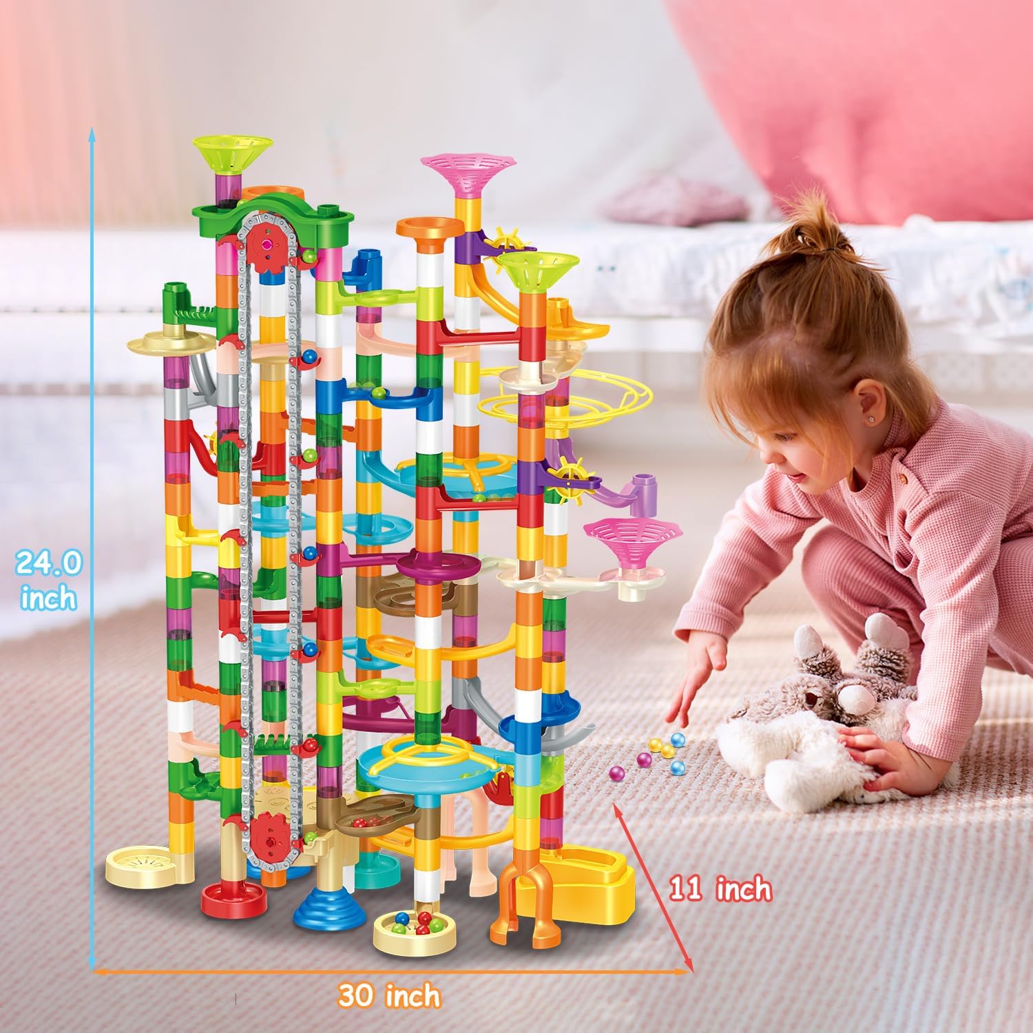 Marble Run con elevador motorizado, 310 piezas de bloques de construcción de juegos de laberinto, juguetes con canicas de plástico brillantes de