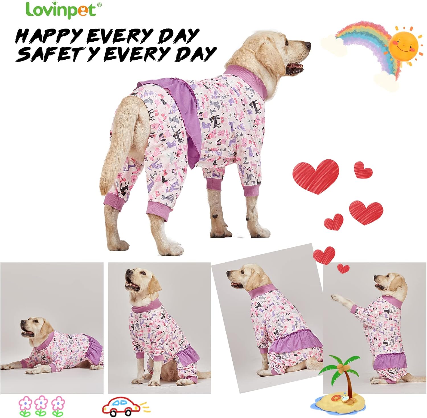 LovinPet Mameluco de manga larga para perros grandes, camisa de algodón de cuello alto, antidesprendimiento, tejido elástico ligero, estampado de
