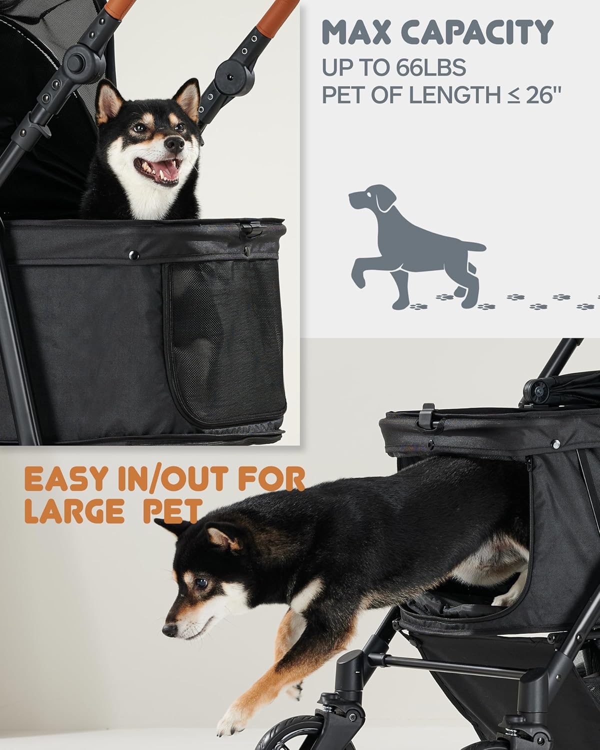 Cochecito mediano para mascotas para perros de hasta 66 libras, mango ajustable, toldo de 180 pulgadas, 4 ruedas para perros y gatos