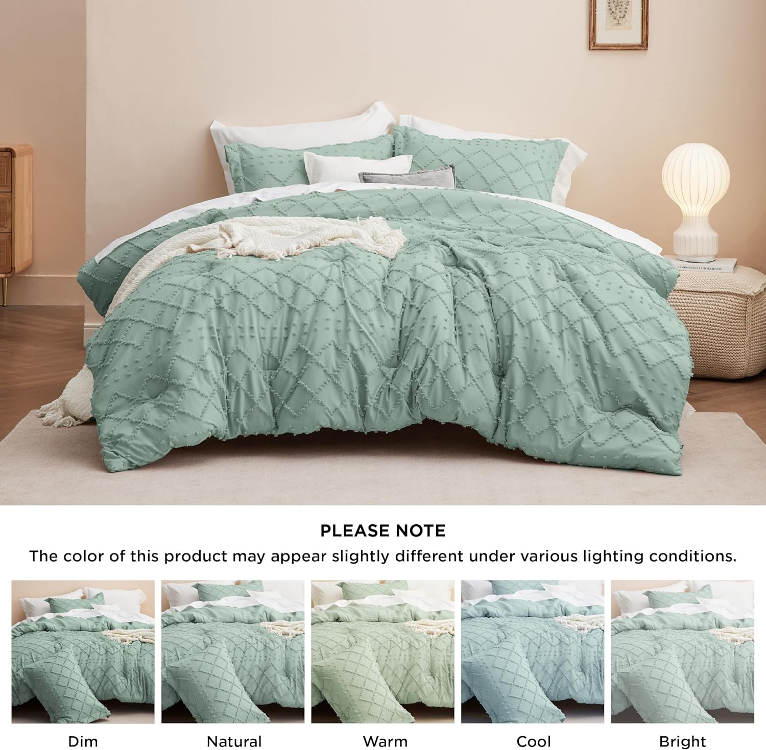 Bedsure Juego de edredón tamaño Queen  Edredón verde salvia, juego de ropa de cama bohemio desgastado chic, juego de ropa de cama vintage de 3