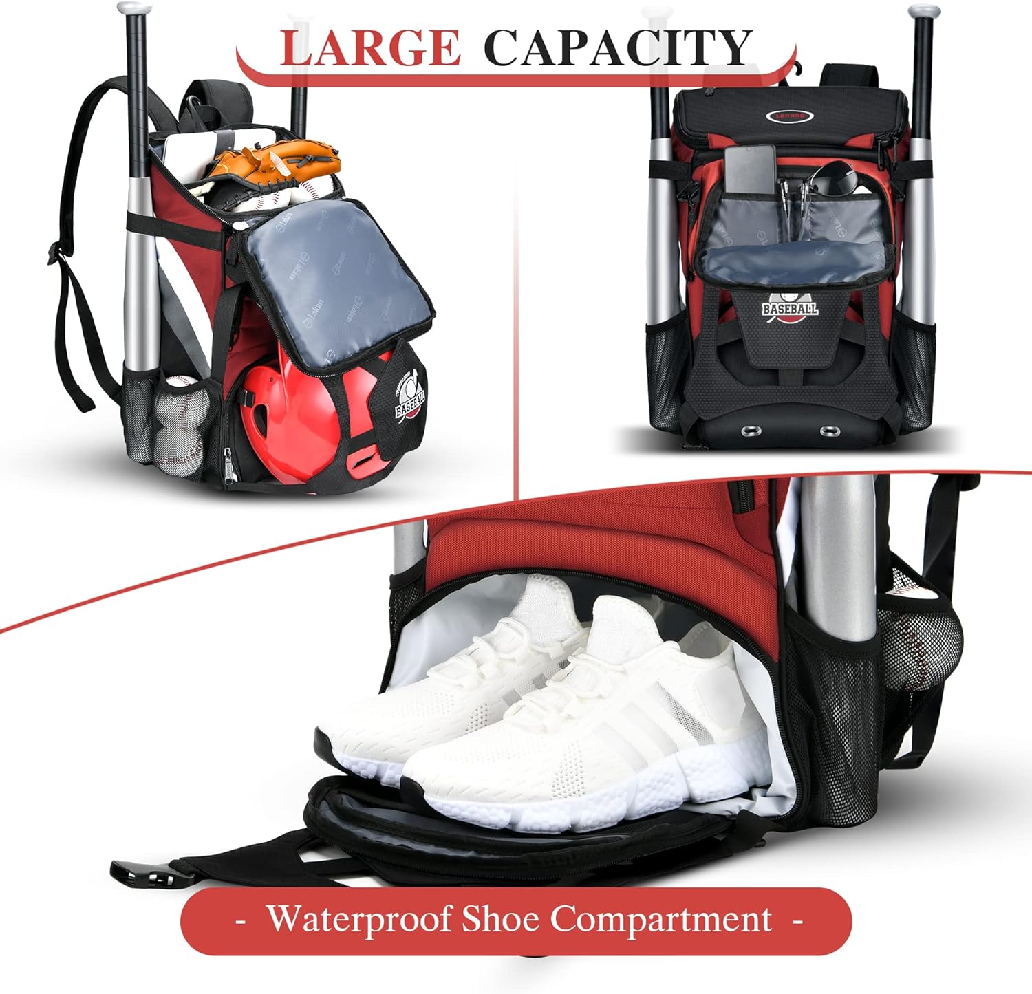 BAGNN Bolsa de béisbol para adultos y jóvenes, bolsa de béisbol de gran capacidad, bolsa de sóftbol ligera con compartimento para zapatos y gancho