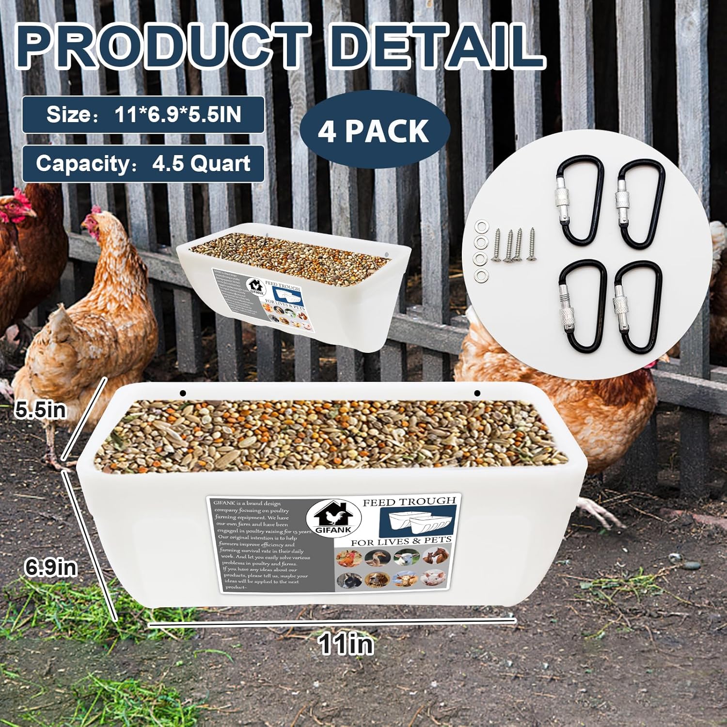 GIFANK Paquete de 4 comederos de pollo con clips, comederos de valla colgantes para cabras, patos, ovejas, lechones, caballo, pollo, ciervo, ganso,