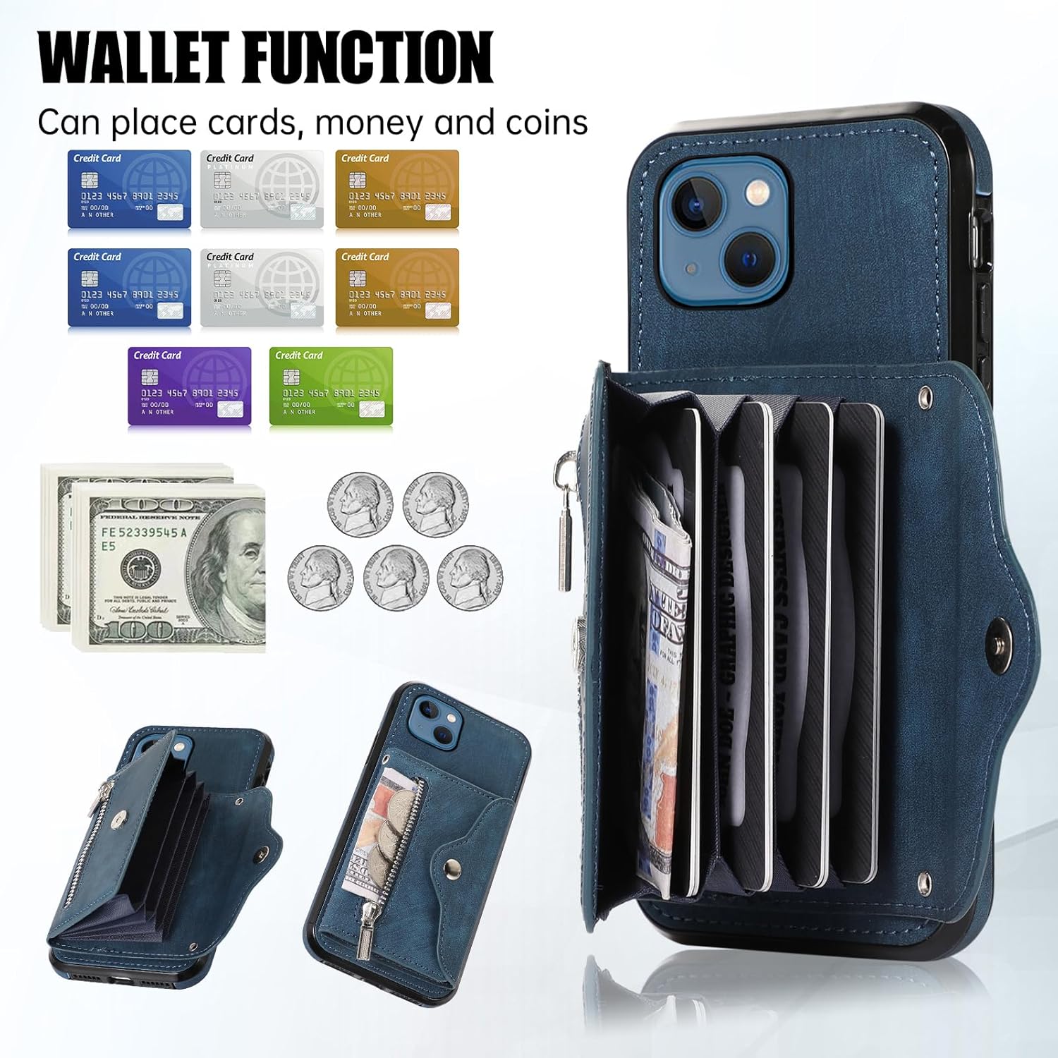 Funda de teléfono para iPhone 13 de 6.1 pulgadas con protector de pantalla de vidrio templado, correa cruzada para muñeca, soporte para tarjeta de