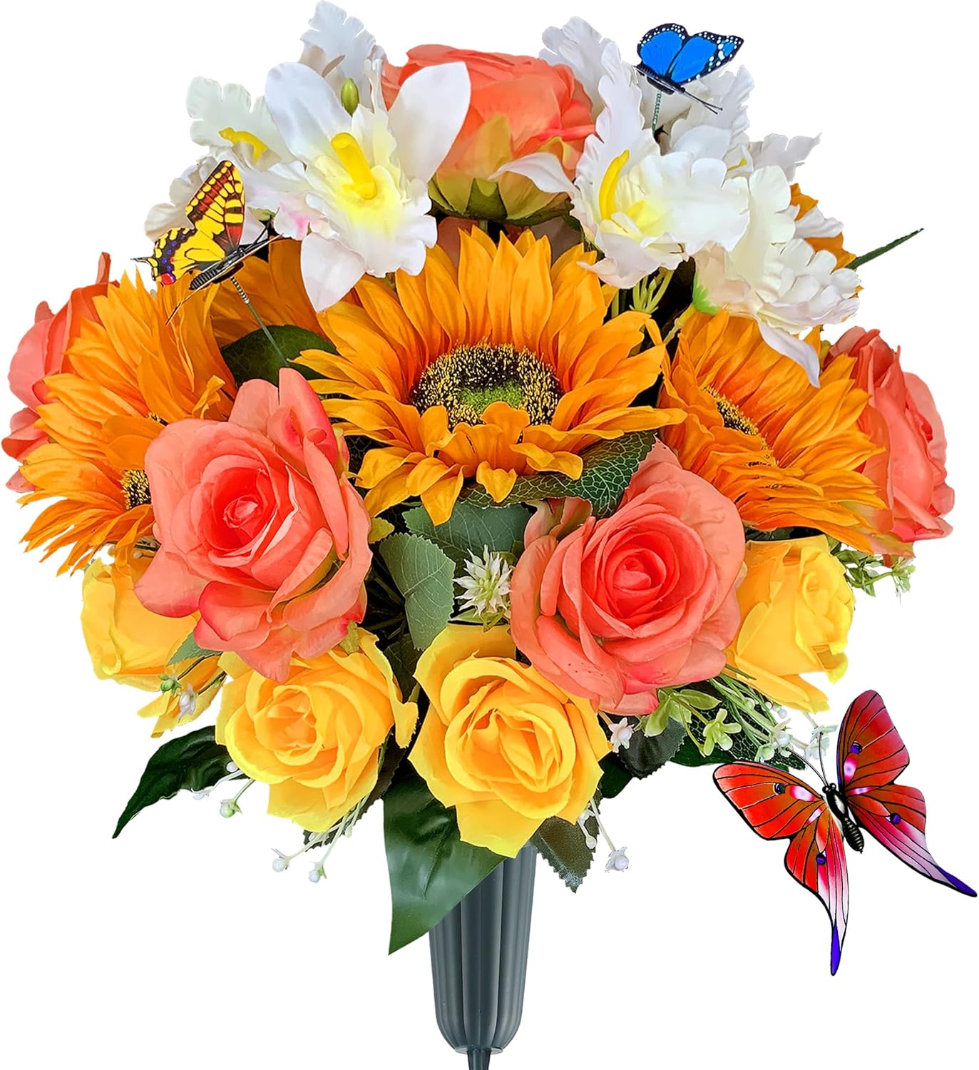 Flores de cementerio de seda para tumba con mariposa y jarrón, no se corren, rosa artificial y girasol y orquídea Cattleya, arreglo junto a la