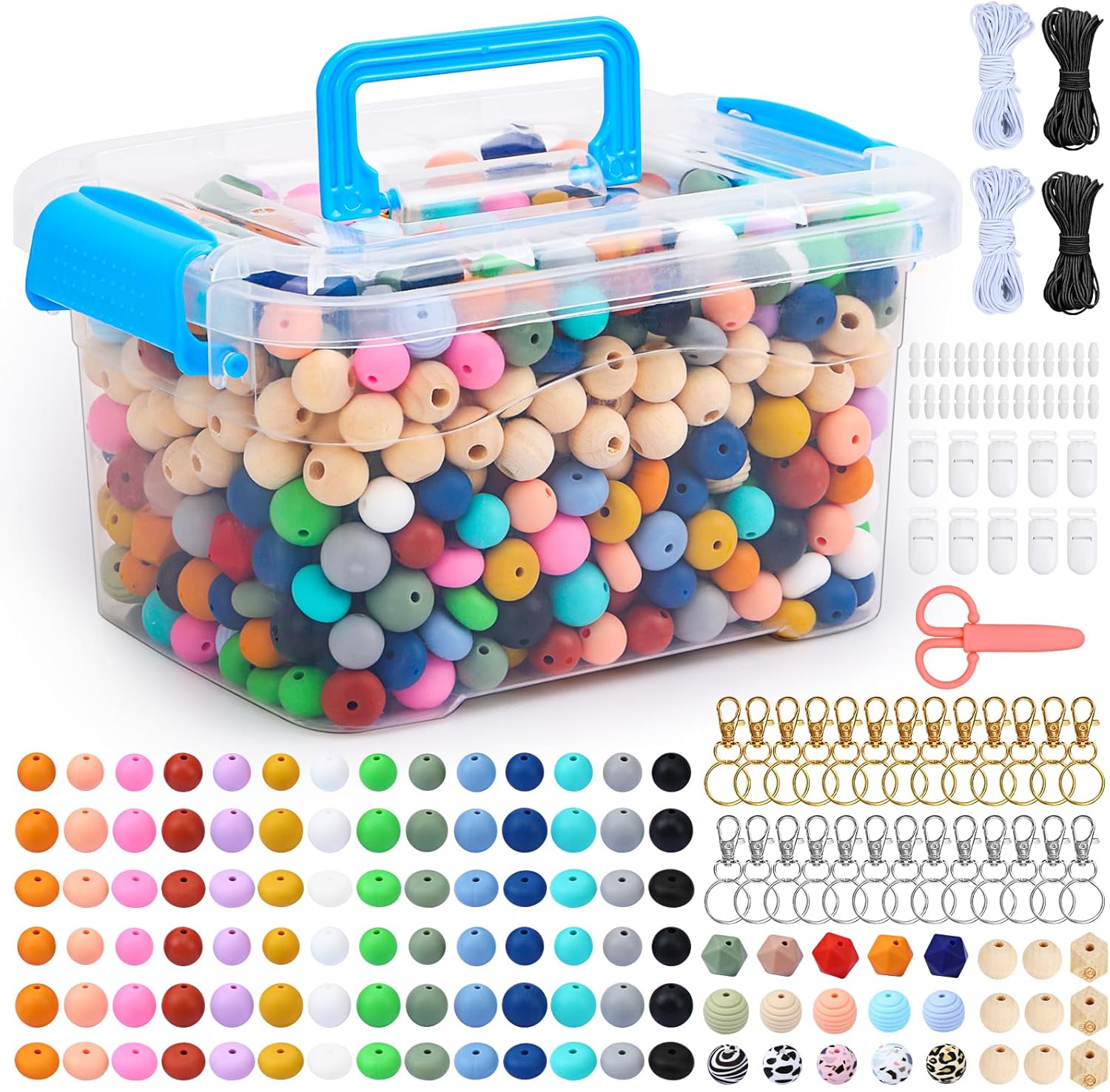 QUEFE Kit de 708 cuentas de silicona a granel para hacer llaveros, cuentas de goma de 0.59 pulgadas (0.591 in), varios estilos y colores, accesorios