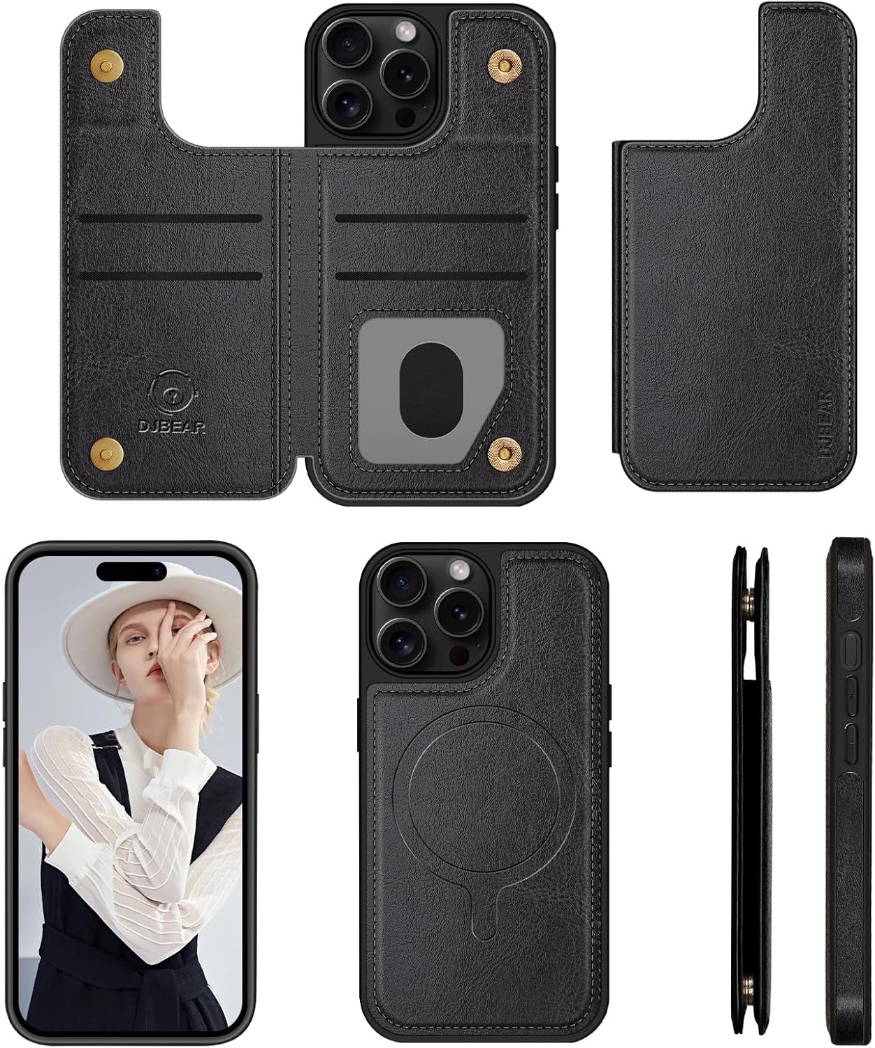 DJBEAR Funda tipo cartera para iPhone 15 Pro de 6.1 pulgadas (compatible con Magsafe), Magnética 2 en 1 desmontable Funda de piel con bloqueo RFID a