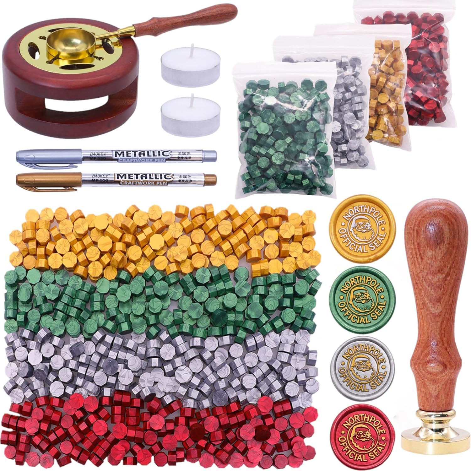 SWANGSA Kit de sellado de cera de Navidad, 1450 cuentas de cera de sellado, kit de sellos de cera de Papá Noel, calentador de sello de cera, cuchara