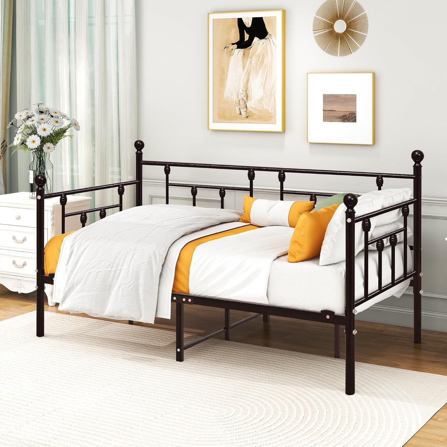 Juego de cama corrediza y marco de metal de alta calidad con listones de acero de primera calidad, sofá cama y sofá cama enrollable (marrón,