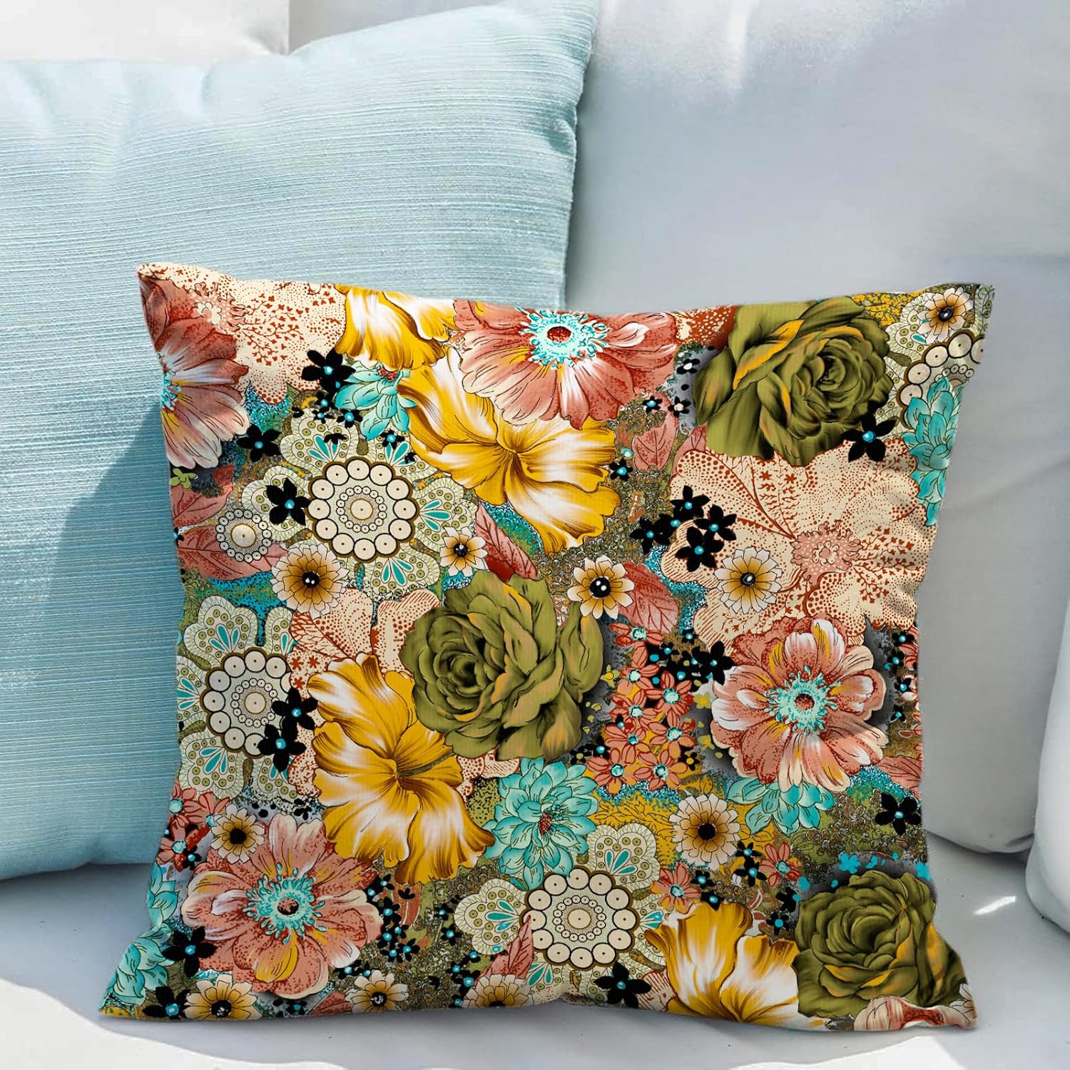 Juego de 2 fundas de almohada florales bohemias de 20 x 20 pulgadas, fundas de cojín bohemias con estampado de flores vintage de terciopelo de doble