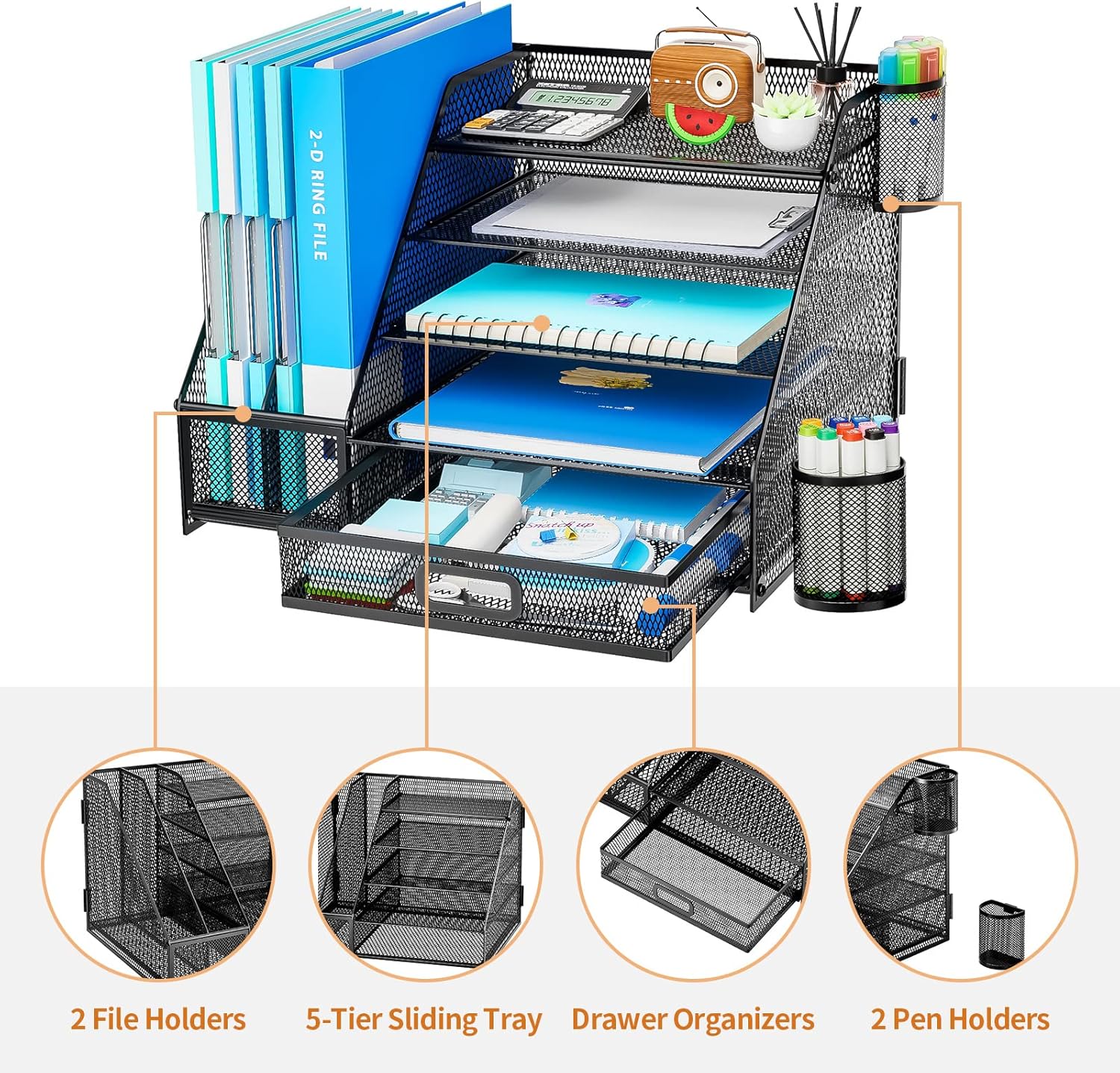 Marbrasse Organizador de escritorio con soporte para archivos + bandeja de papel de 5 niveles con soporte para archivos+cajón y 2 soportes para