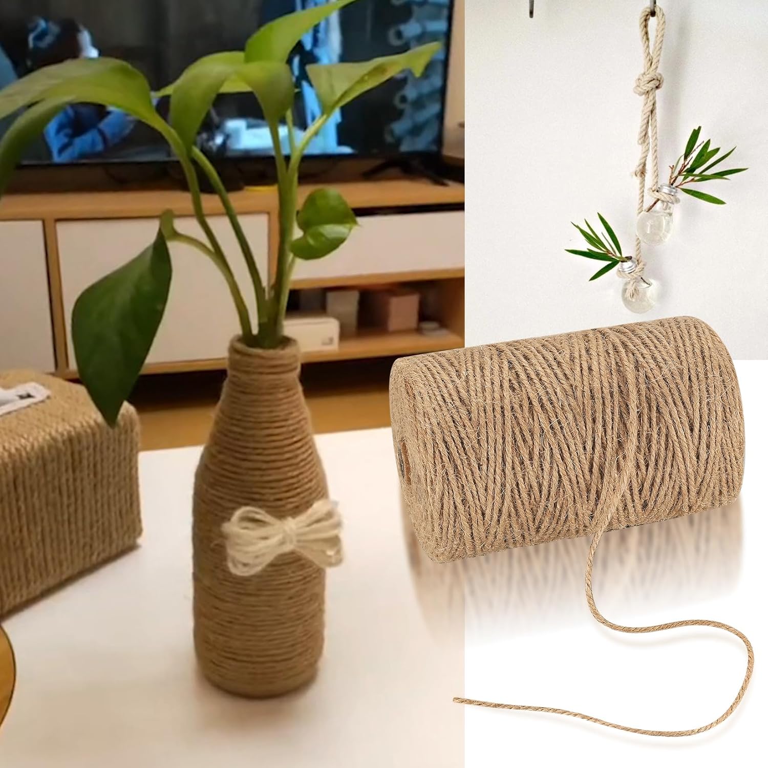 Cuerda de yute de 0.118 in, cuerda de yute de 656 pies656.2 ft, cuerda de cáñamo natural, cuerda de sisal de yute resistente para manualidades,