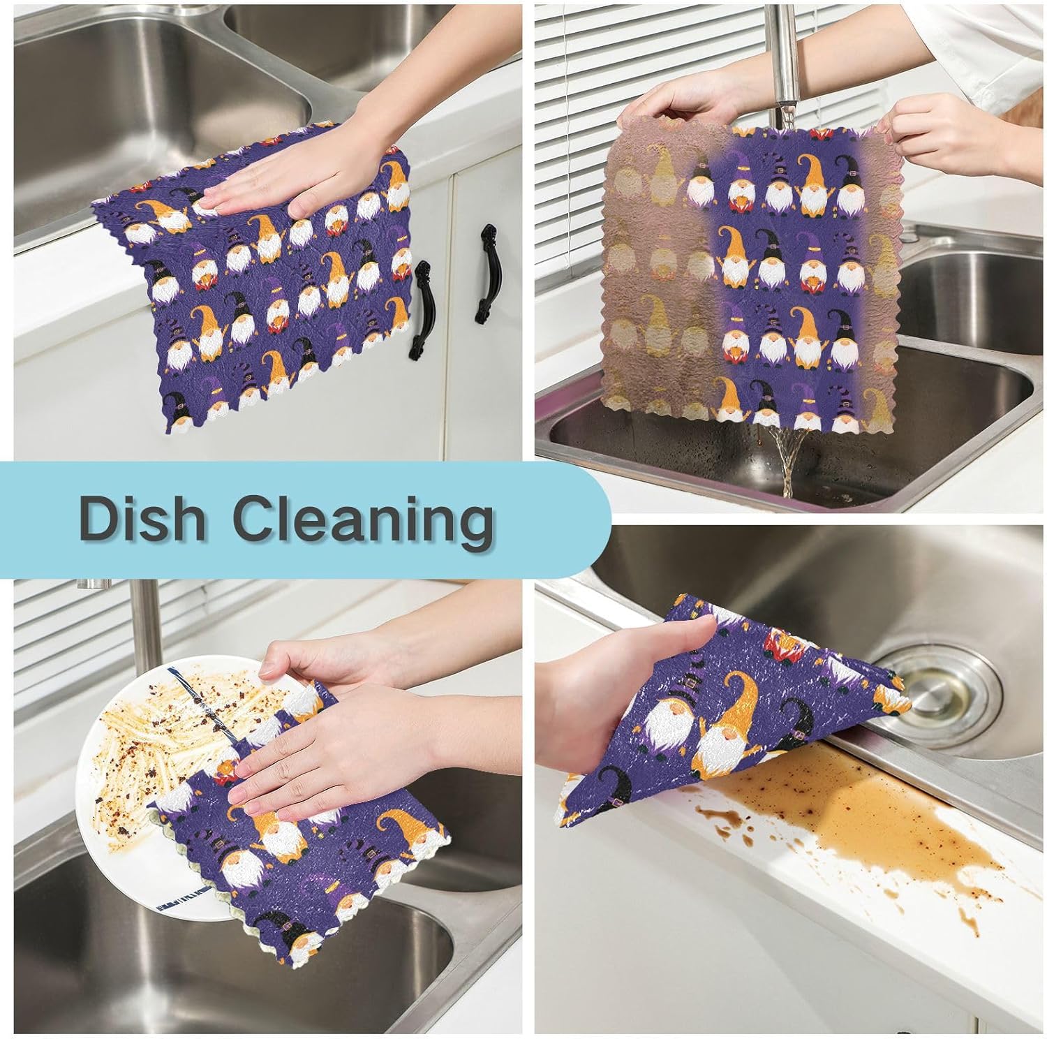 Halloween Gnomes Purple Set of 6 Absorbent Kitchen Towels and Dishcloths Sets Microfiber Print Cotton Dish Tea Towels for Bathroom Table