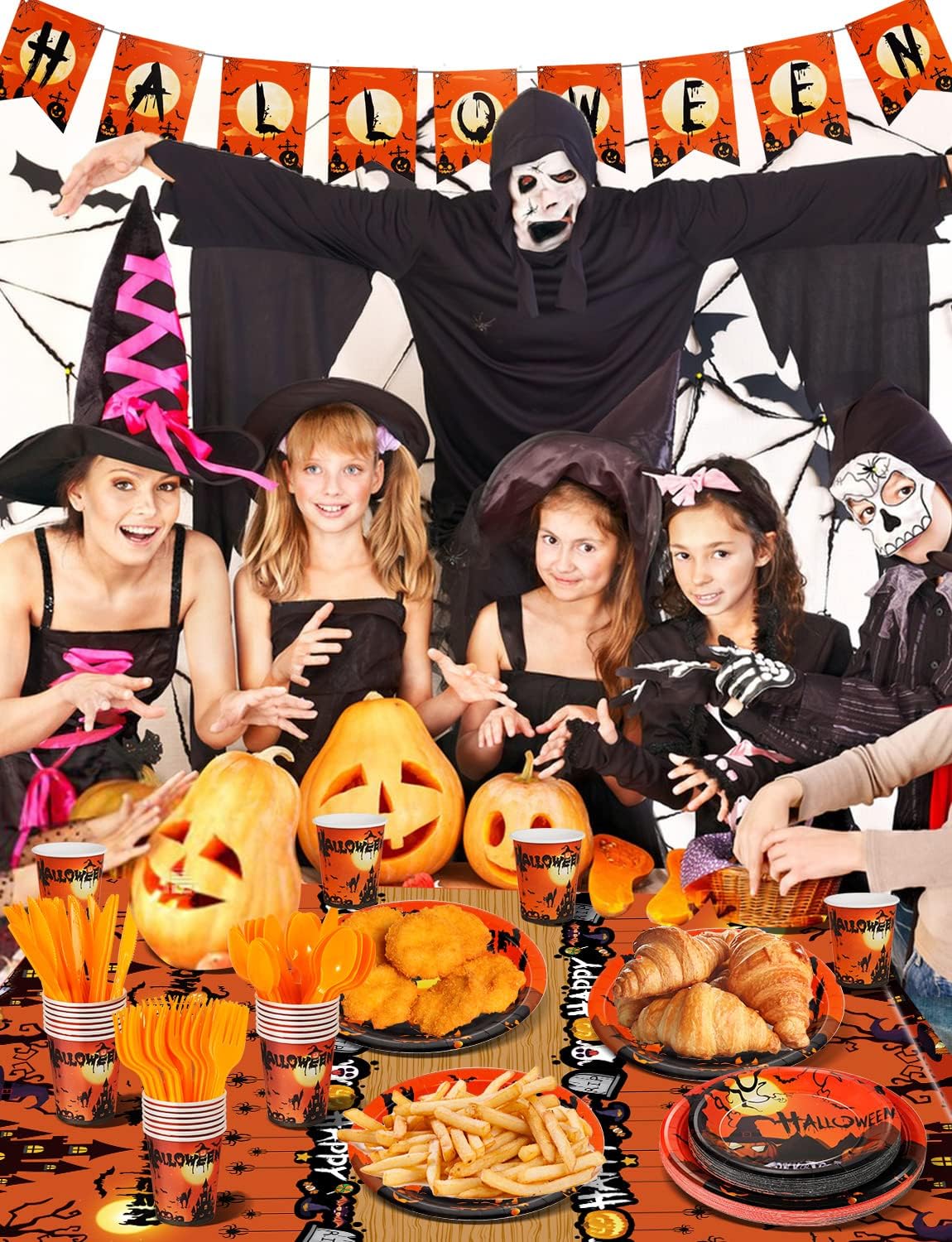141 piezas de suministros para fiesta de Halloween  Decoración de fiesta de Halloween incluye platos, vasos, servilletas, pancarta, cubiertos,