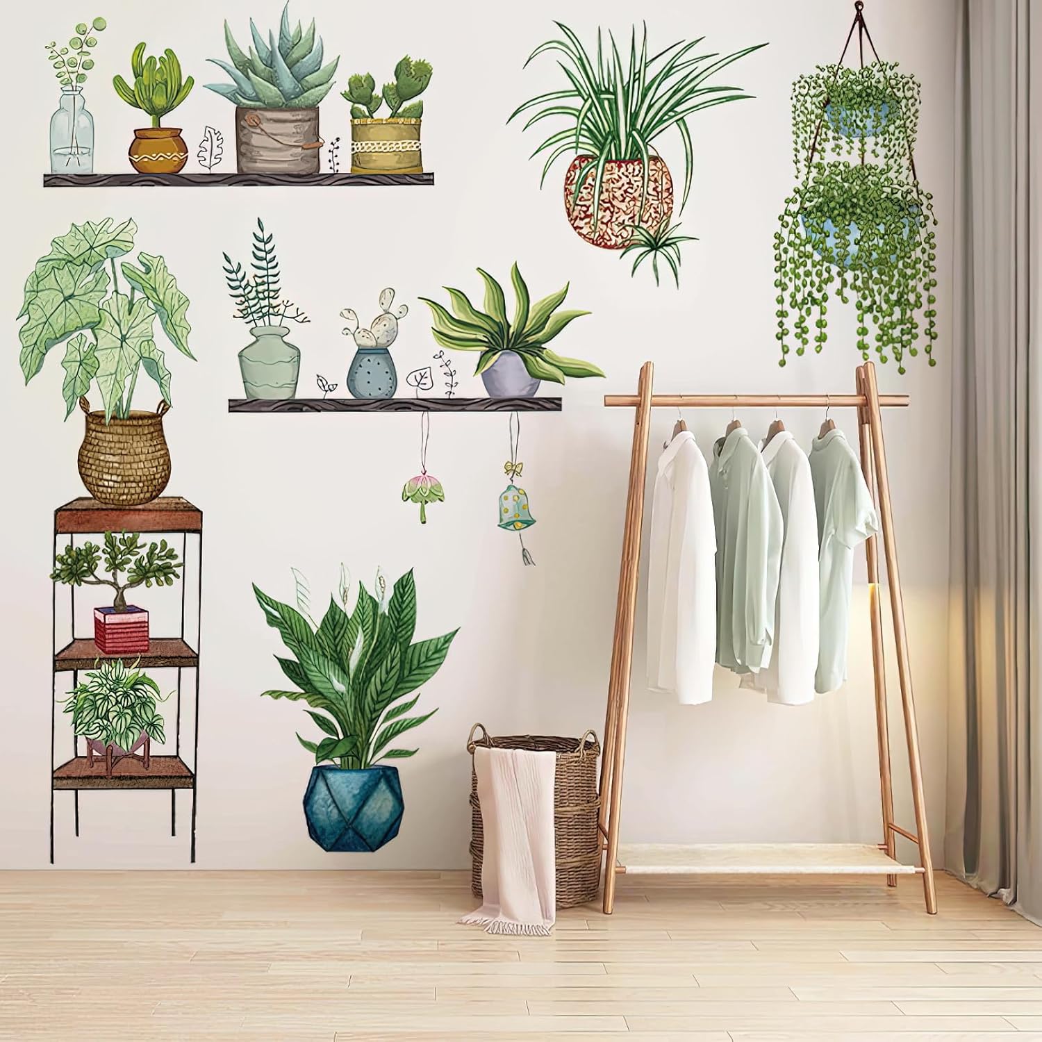 Calcomanías de pared de plantas verdes en maceta, plantas tropicales, hojas verdes, calcomanías de pared, papel tapiz de vinilo natural, para sala