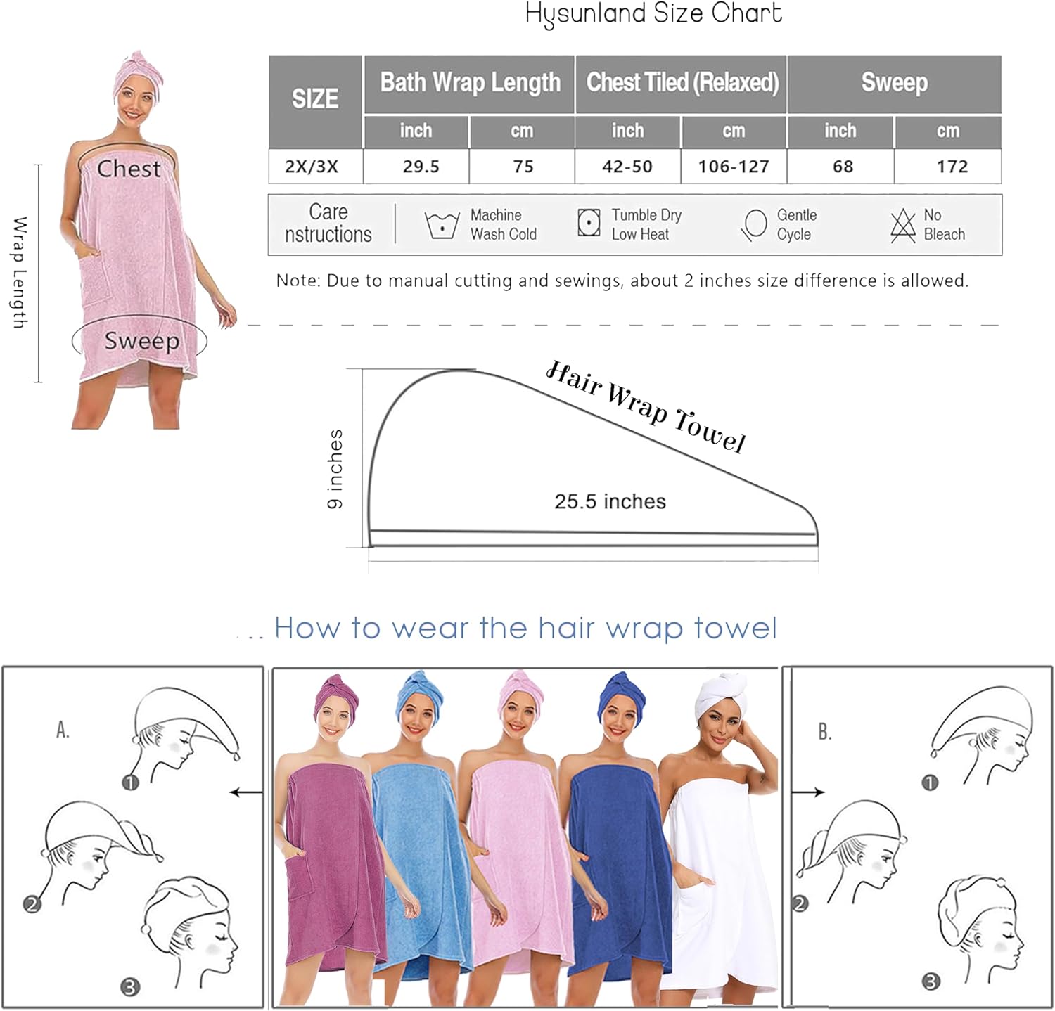 Toalla rosa de talla grande para mujer después de la ducha 2X3X, toalla de microfibra absorbente con velcro para spa, baño, playa con envoltura para