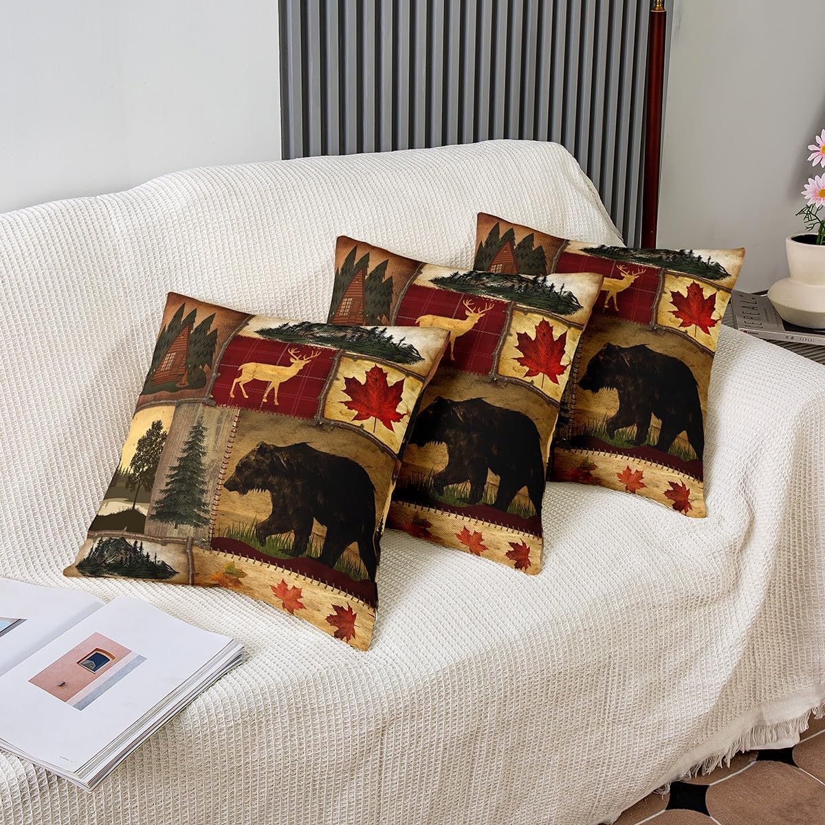 Juego de 2 fundas de almohada rústicas de 24 x 24 pulgadas, fundas de cojín retro de cabaña, fundas de almohada cuadradas decorativas de oso de
