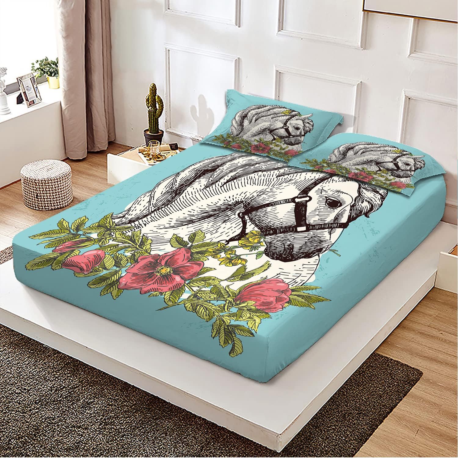 Juego de sábanas bajeras tamaño matrimonial, diseño de caballo bohemio, juego de ropa de cama de 3 piezas con estampado decorativo, sábana bajera de