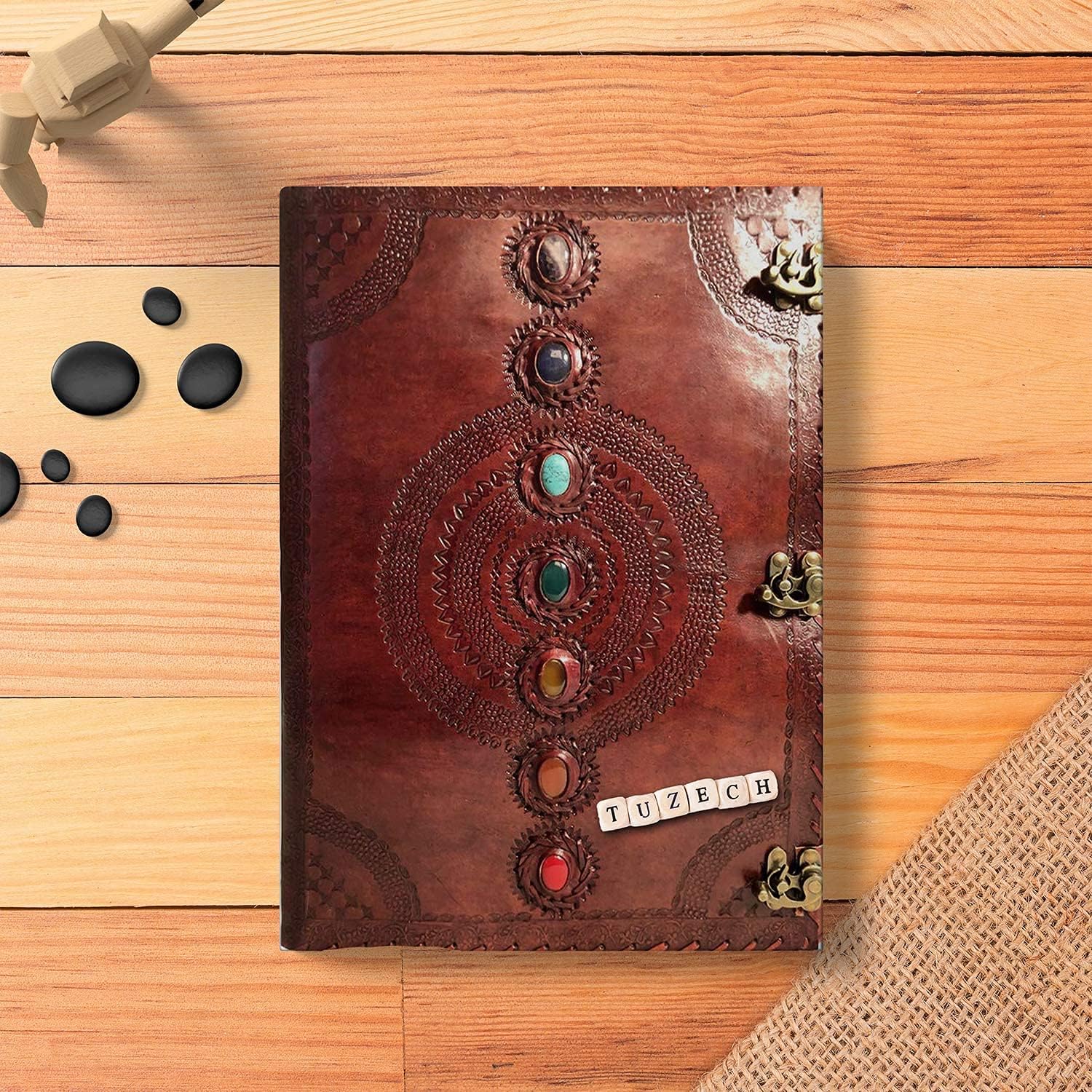 Tuzech Diario de cuero gigante con relieve de piedra medieval de siete chakras, cuaderno de sombras, cuaderno de oficina, diario Hocus Pocus, poesía