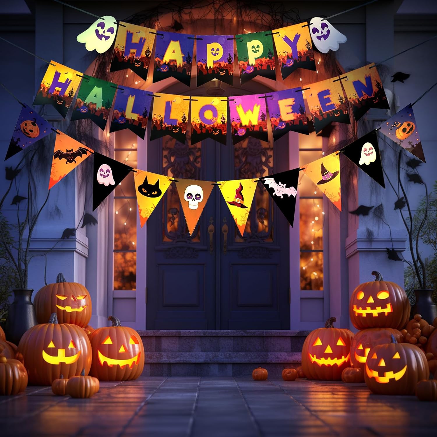 Happy HALLOWEEN – Pancarta de porche delantero, coloridos pancartas de cola de pez y triángulo de Halloween con calavera, murciélago y calabaza,