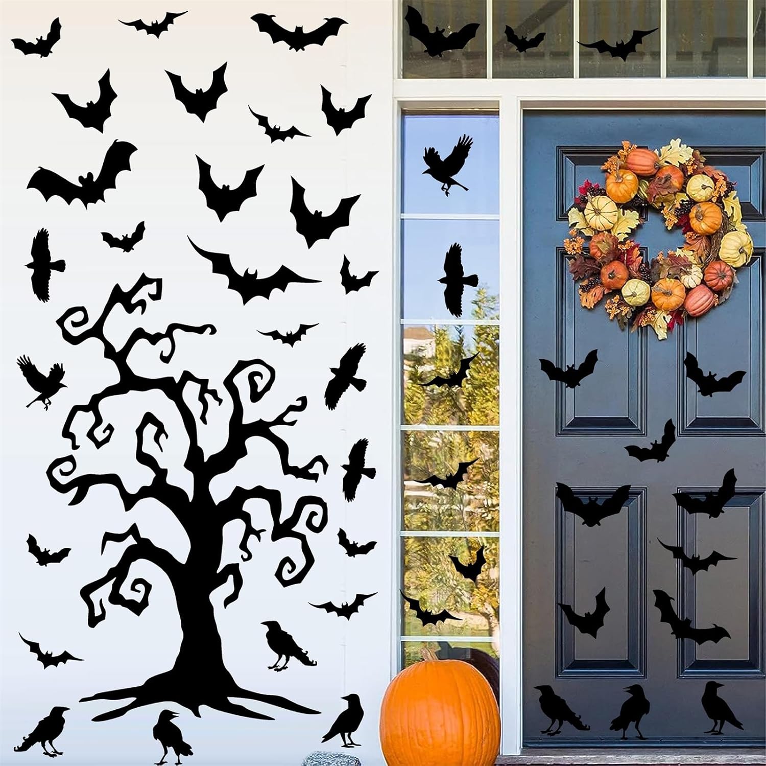 Calcomanías gigantes de Halloween para ventana, calcomanías de murciélagos para ventana de árbol de Halloween, calcomanías de decoración de pared de