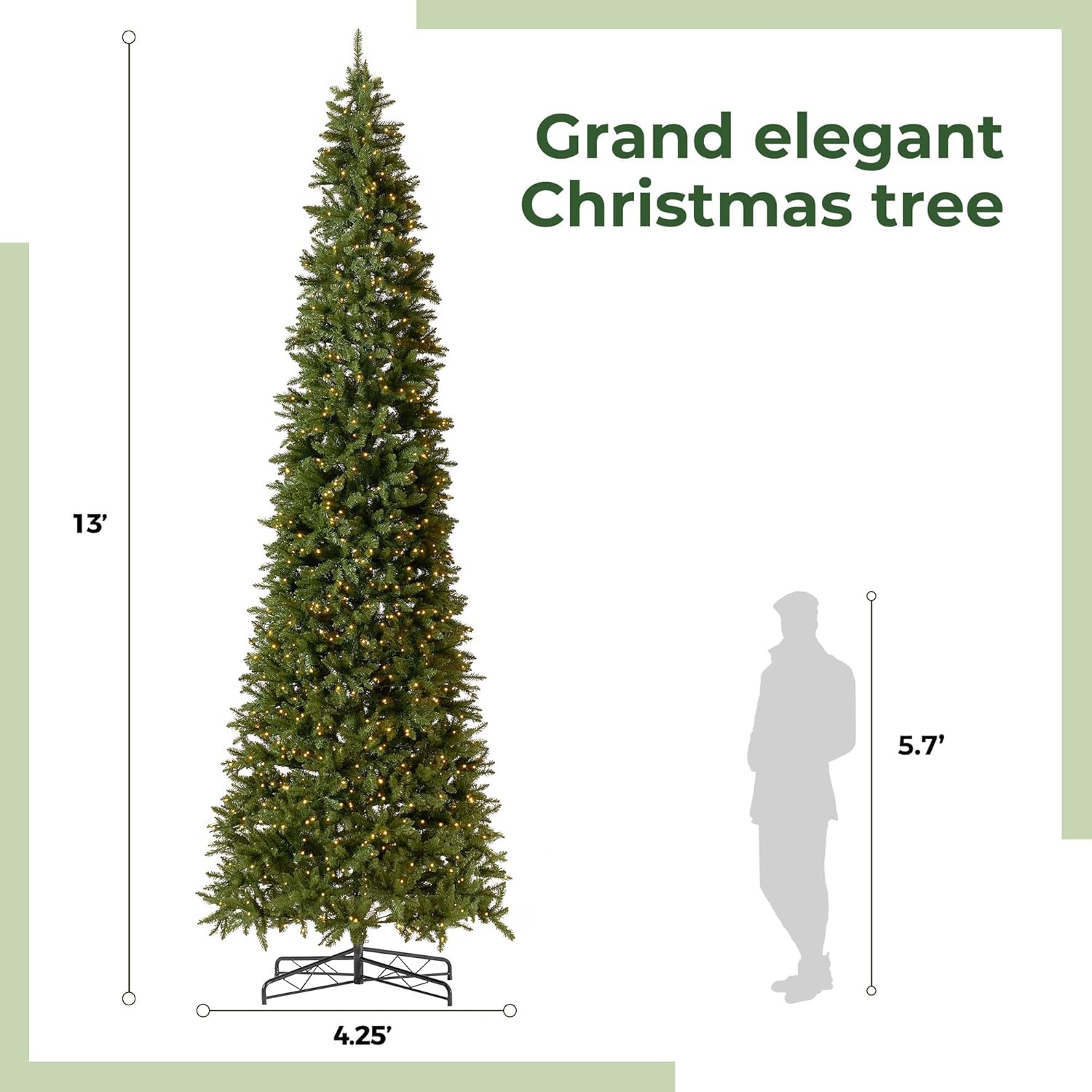 Árbol de Navidad artificial de pino verde delgado de 13 pies con 1360 luces LED blancas cálidas y ramas flexibles 3924