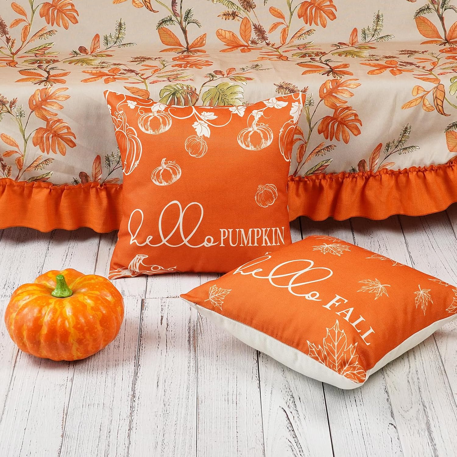 ONWAY Juego de 2 fundas de almohada otoñales de 18 x 18 pulgadas, diseño de calabaza, hojas de arce y calabaza, decoración para exteriores, patio,