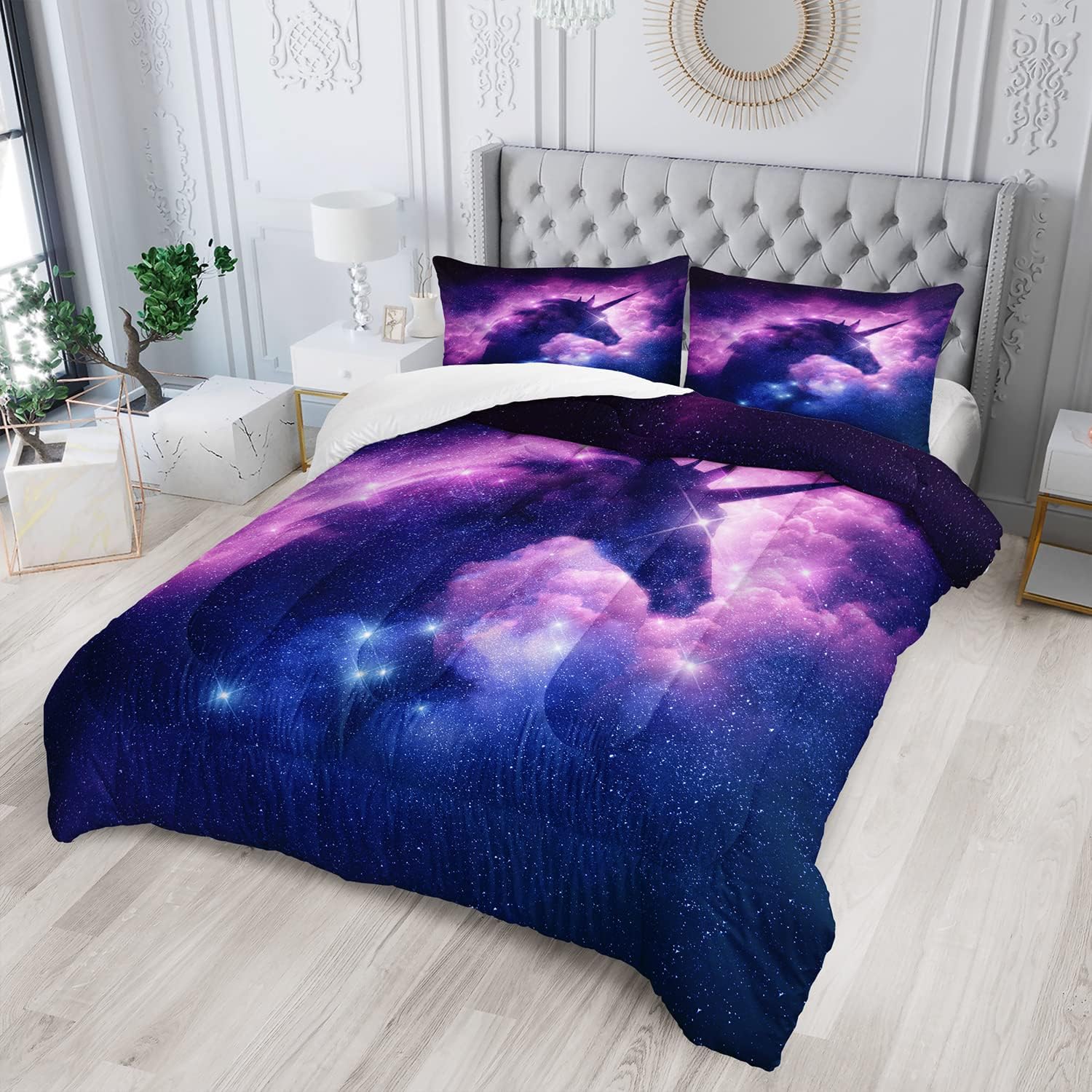AILONEN Juego de edredón de unicornio espacial morado, juego de ropa de cama superior para niños adolescentes y niños, juegos de cama de galaxia