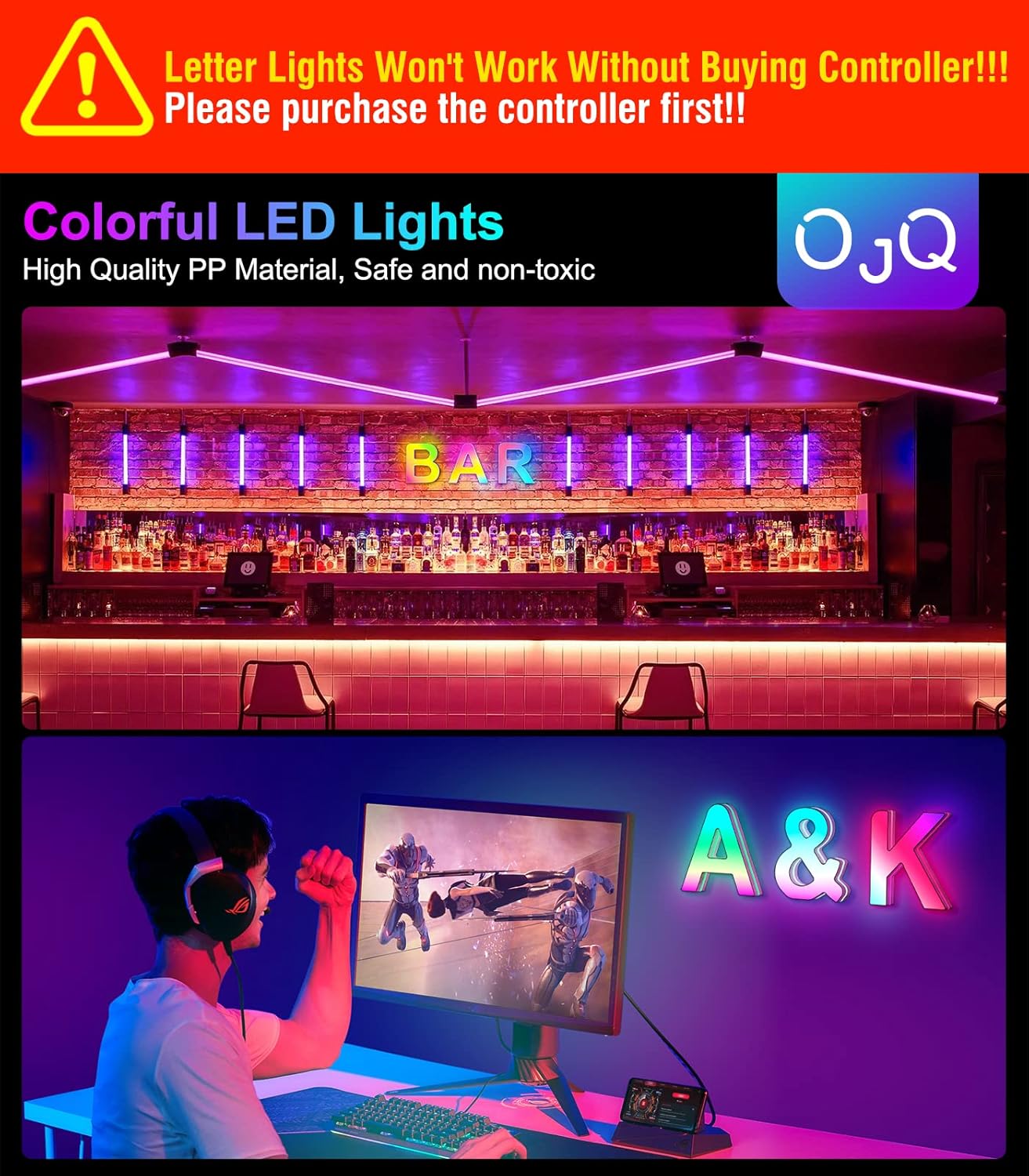 Luces LED con letras RGB, letras iluminadas con brillantina del alfabeto, sincronización de música, letras que cambian de color, para regalo de