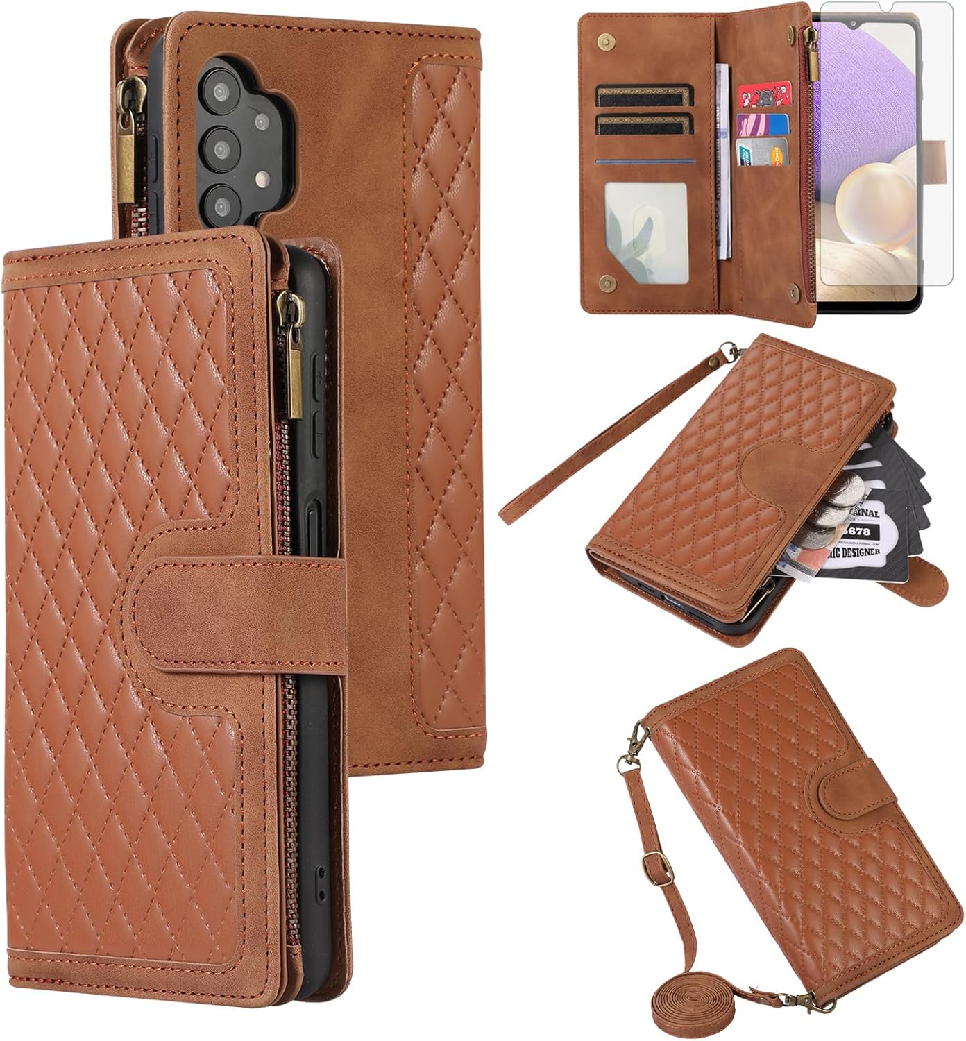 Asuwish Funda de teléfono para Samsung Galaxy A32 5G 2021 de 6.5 pulgadas con protector de pantalla de vidrio templado y correa para la muñeca con